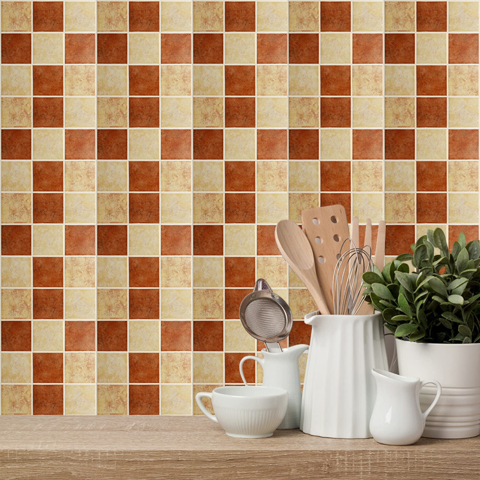 Stick on Tiles Orange Mosaic Tile Stickers for Bathroom Kitchen Backsplash Waterproof Tile Covers for Fireplace Surround Cabinet Furniture Stick on Kitchen Tiles 20x20 cm/10 pcs