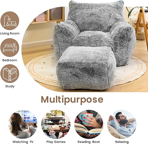 Miniatura 6 de Cvortll Puf con otomano, sillón puff con relleno, ultra suave y esponjoso de piel sintética con reposapiés, sofá perezoso de felpa con taburete para