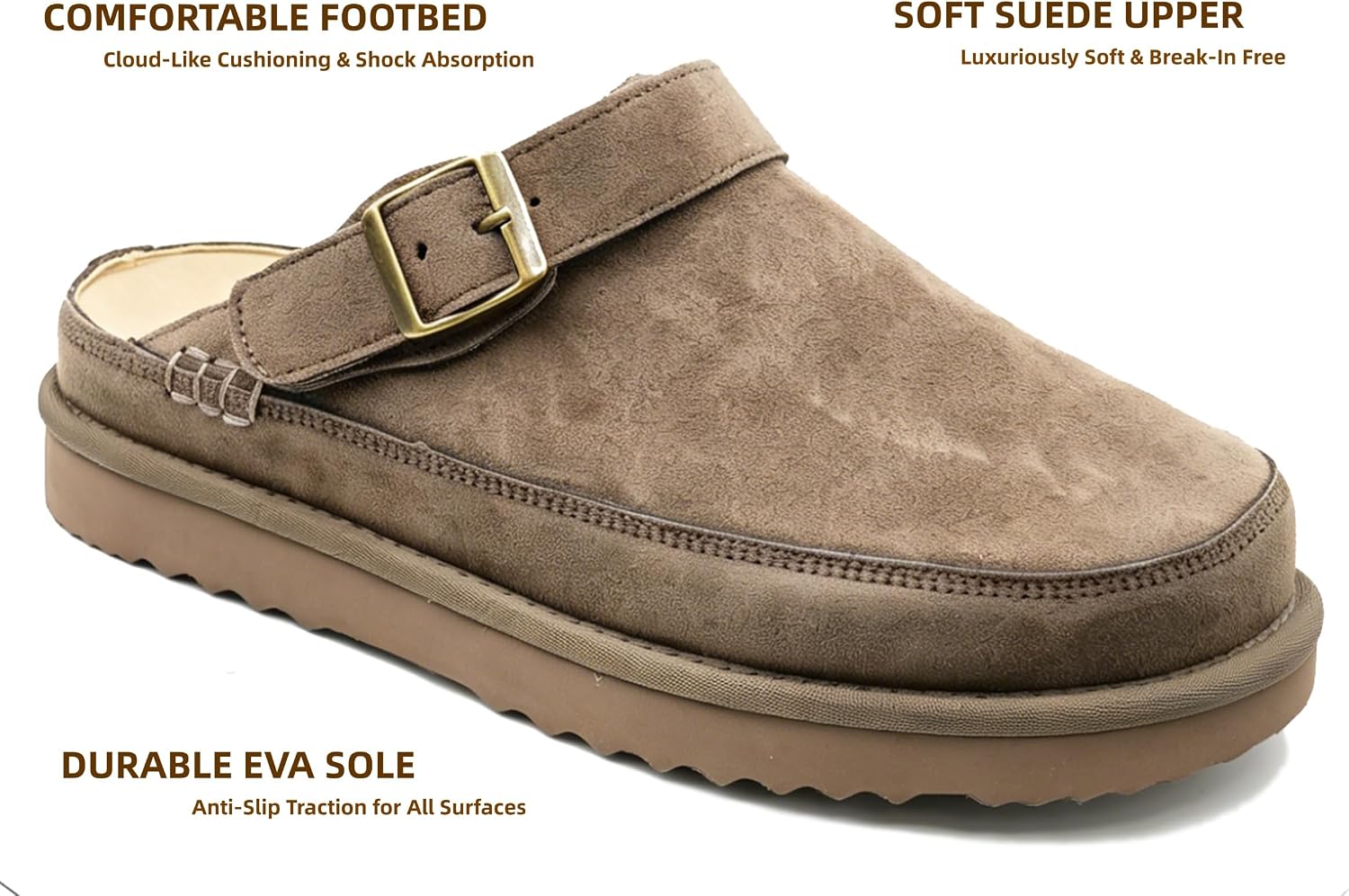 Meik Mangni Women's Suede Clogs Mules Adjustable Buckle Mens Slip-On Shoes with Natural Latex Insole Comfortable Platform Slippers Non-Slip EVA Outsole for Indoor & Outdoor