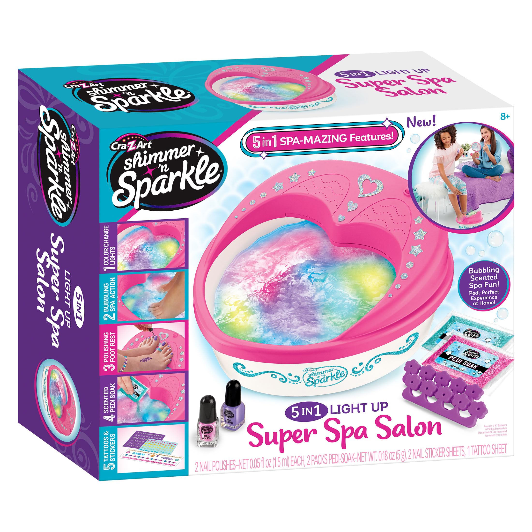Shimmer N Sparkle Light Up 5 w 1 Light-Up Super Spa Salon | Zestaw do pedicure w domu z efektami świetlnymi zmieniającymi kolor | Spa dla stóp w stylu salonu dla dzieci i dorosłych