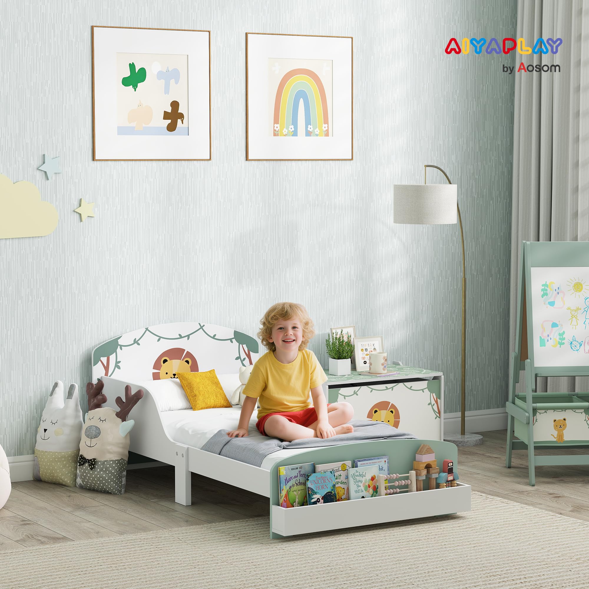AIYAPLAY Lit Enfant 70x140cm, Lit pour Enfant avec Barrière de Sécurité et Sommier à Lattes en Bois, Espace de Rangement, Motif de Lion, pour Garçons et Filles de 3 à 8 Ans, Vert (Matelas Non Inclus)