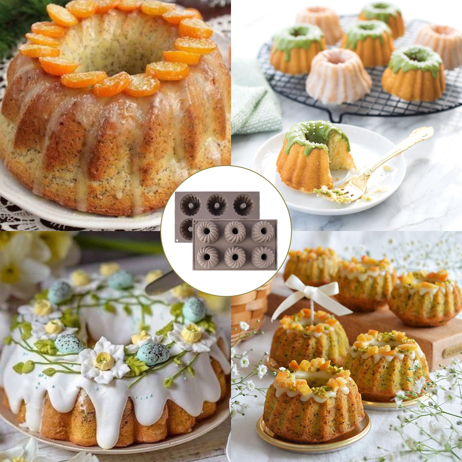 Mini Gugelhupfform Silikon, 3 Stück Silikon Gugelhupf Kuchenform Ø 8 cm, 6er Wiederverwendbare Klein Muffinform Kuchenform für Muffins,Cupcakes,Brownie(grau)