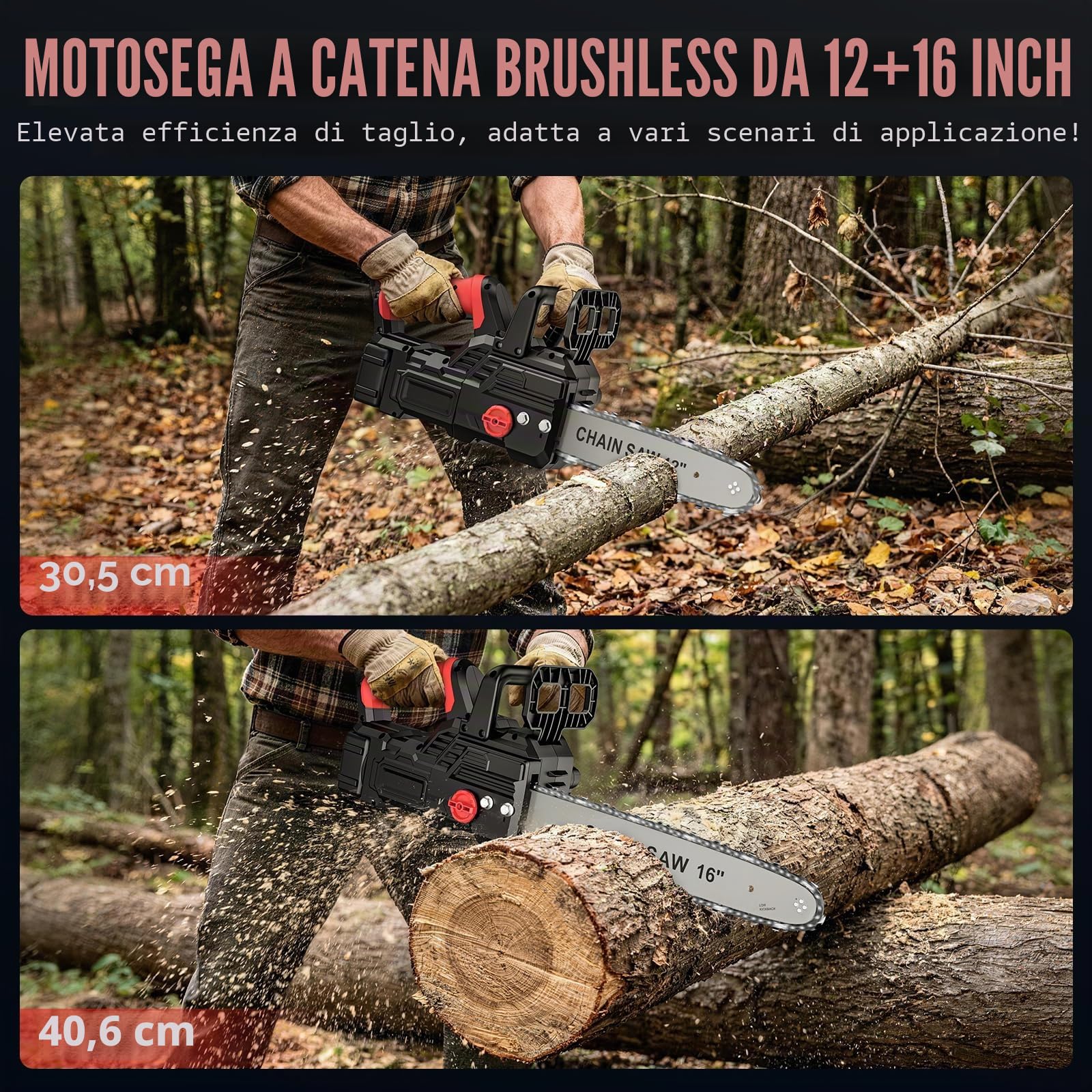 Motosega a Batteria 12+16 Polci, Motosega Elettrica Senza Fili con 2 x 4,0 Ah Batterie, 1050W Motore Brushless, Display LCD, Lubrificazione Automatica, Tensionamento Catena senza Utensili