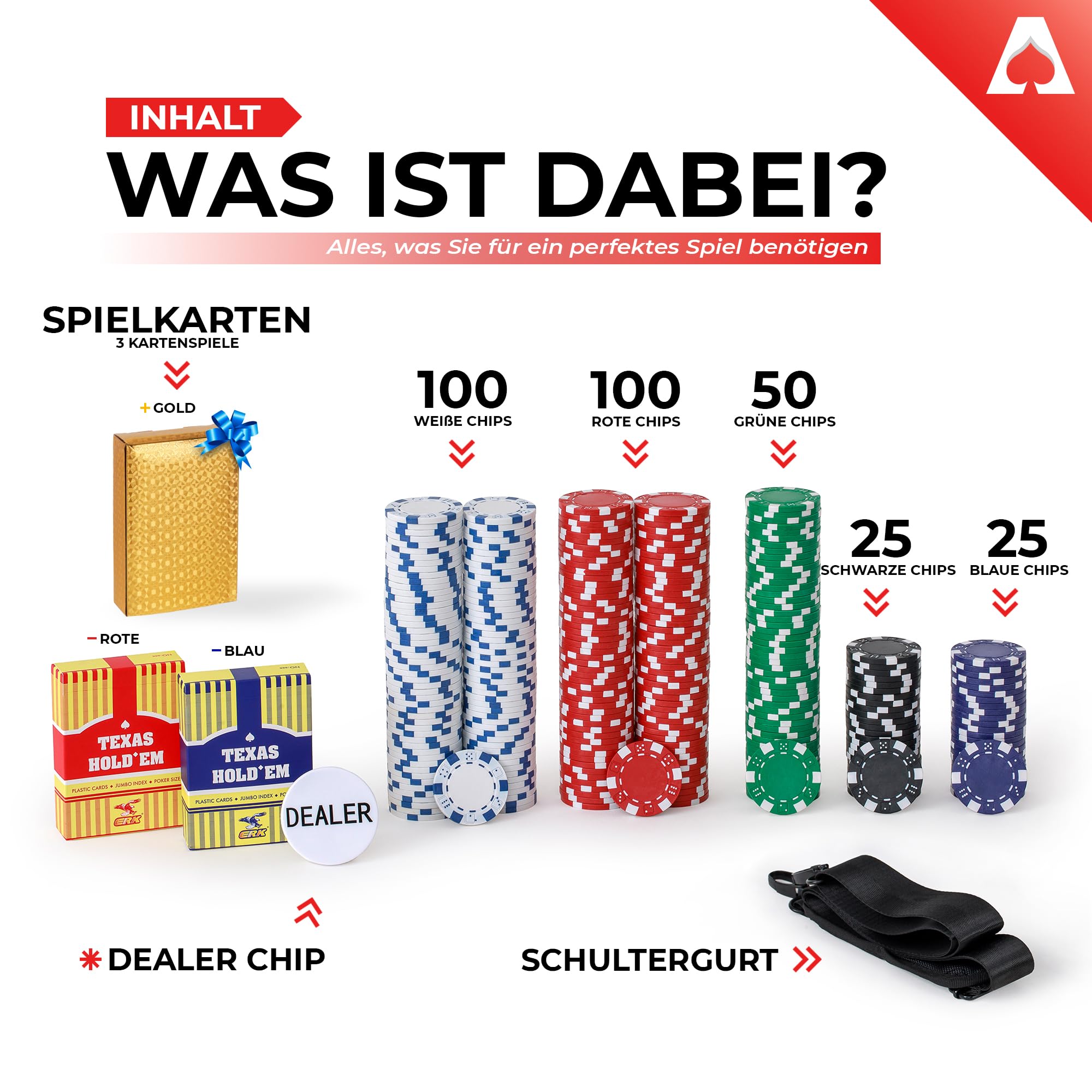 Pokerkoffer | PokerSet mit 300 Pokerchips je 11,5 g im Casino Stil - Poker Chips Set + Goldene Kartenspiel als Geschenk