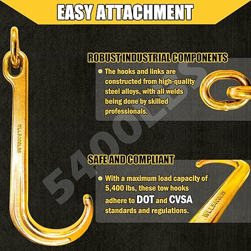 Miniatura 18 de Cadena de remolque tipo V de 3/8 pulgadas x 2 pies con ganchos en J de 15 pulgadas y ganchos de agarre, brida de cadena de remolque de acero G80