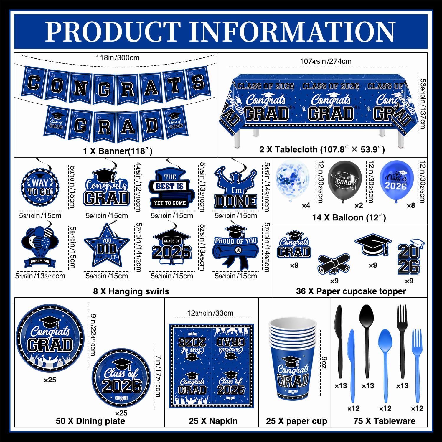 Graduation Decorations 2026, Black and Blue Graduation Party Tableware Supplies for 25 Guests, Disposable Plates Napkins Cups Cutlery Tablecloth and Congrats Grad Banner for Grad Party Decorations