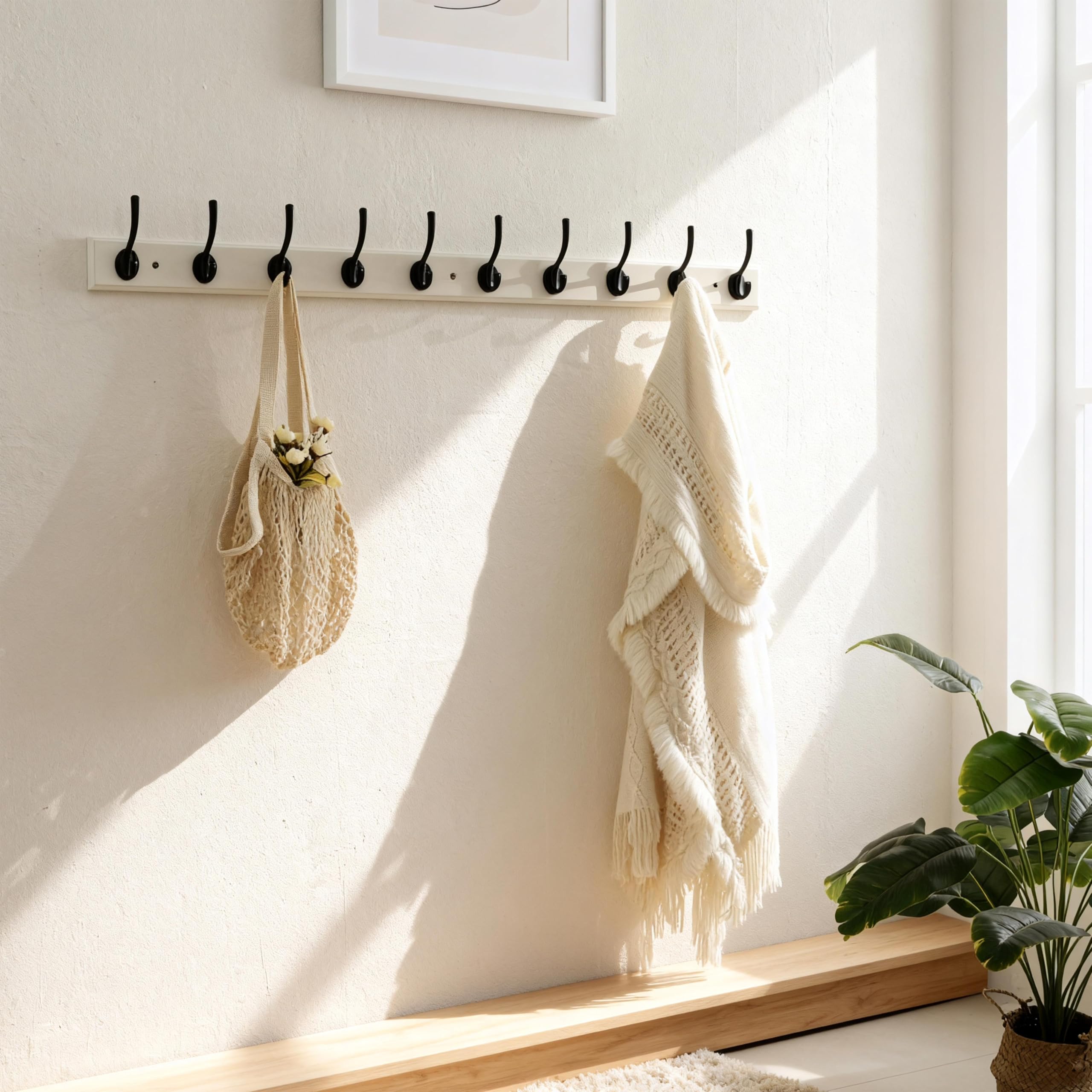 Dseap Garderobenleiste: 97cm lang robuste hakenleiste mit 10 haken, kleiderhaken wand, wandgarderobe, garderobenhaken für mäntel, handtüchern, hüten, kleidung, bambus, weiß