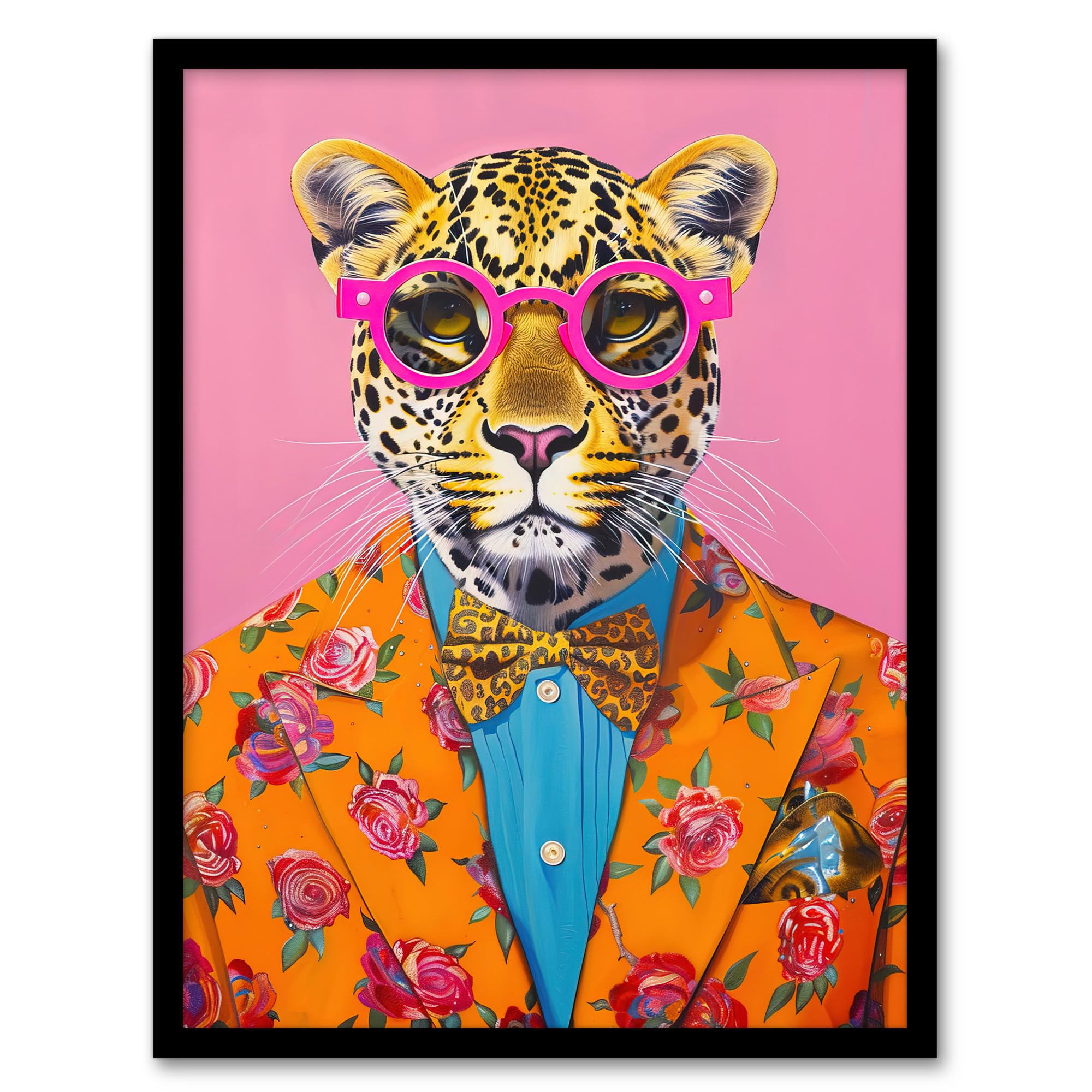 Artery8 Dandy Leopard Floral Suit Glasses Bow Tie Vibrant Living Room Artwork Framed Wall Art Print A4