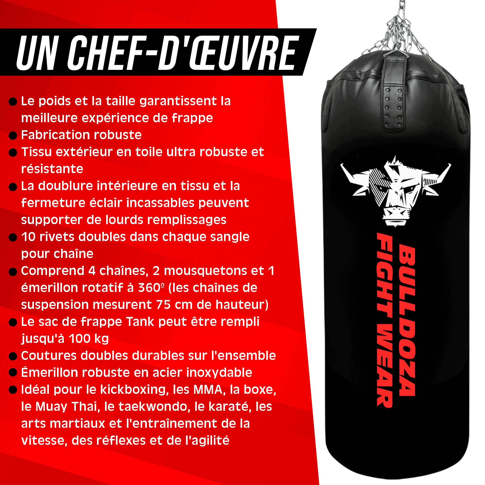 XL Tank Bull Doza Fight Wear Sac de Frappe Solide Auto-Remplissage - Sac de Frappe avec Chaînes Suspendues Pivotant Mousquetons - Sac de Boxe