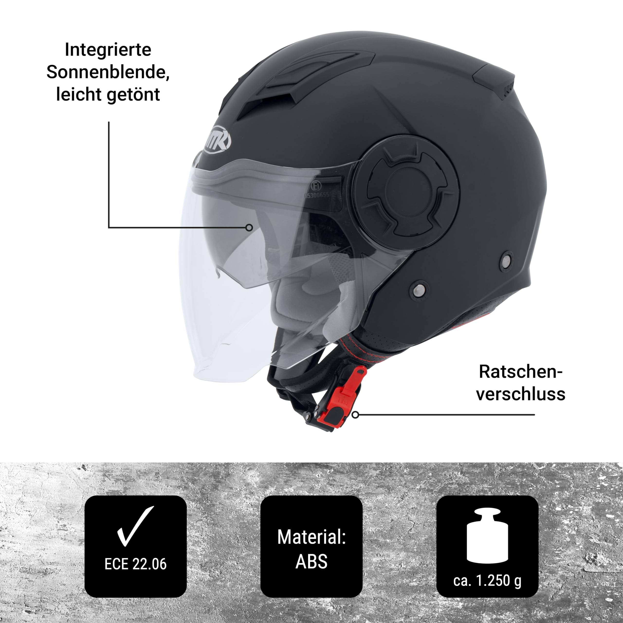 MTR Demi-Jet 5 Evo Jethelm mit Visier und Sonnenblende, Helm Motorrad ECE Zertifiziert, Roller Helm Herren & Damen, Leichter Motorradhelm mit Visier