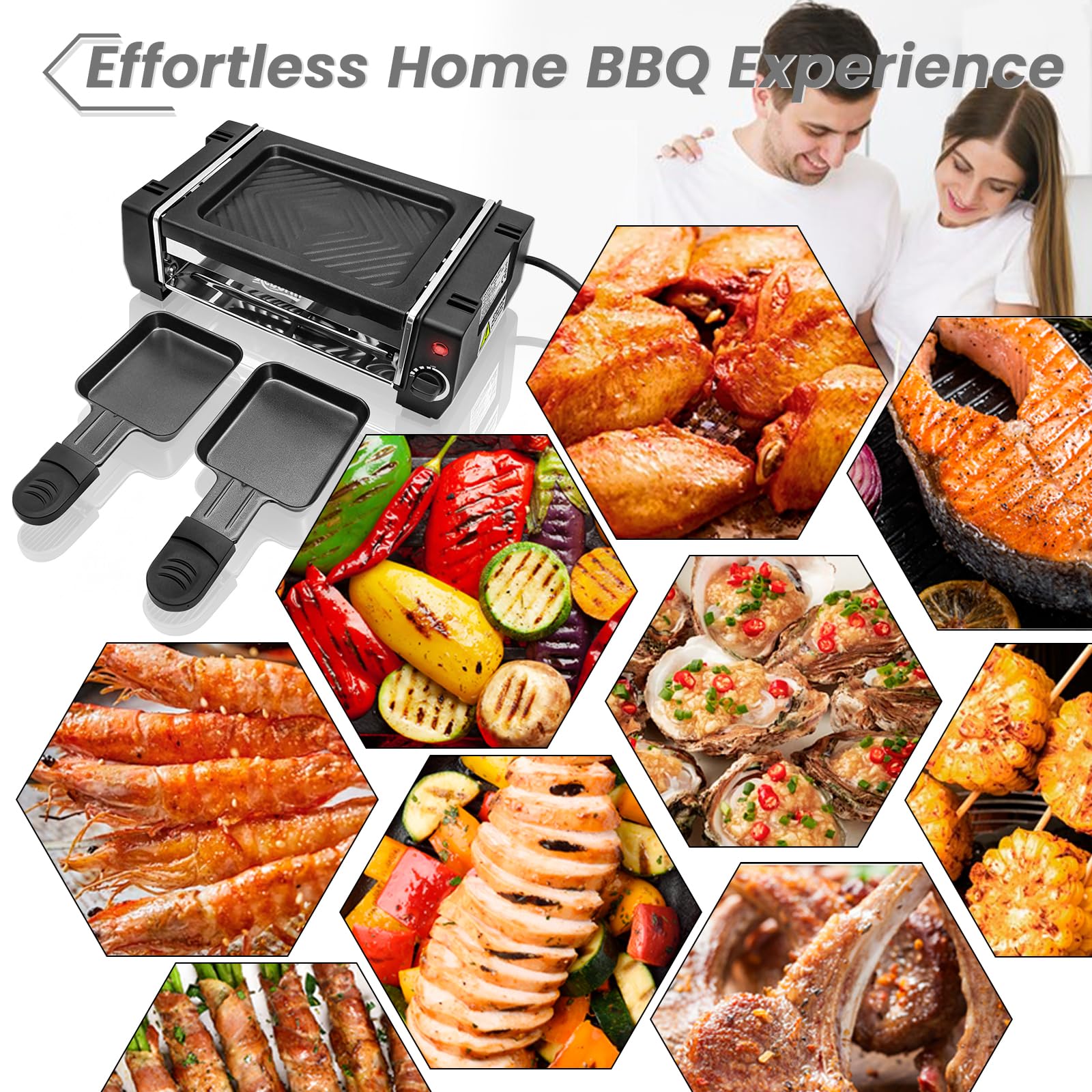Griglia elettrica per raclette con 2 padelle, antiaderente, con riscaldamento uniforme e regolatore di temperatura, per uso alimentare, facile da pulire, per interni e balconi