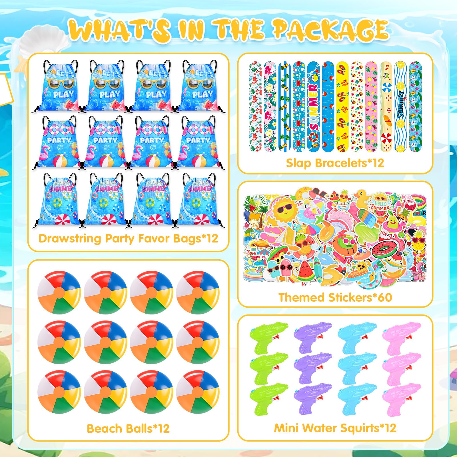 Detalles de Fiesta de Piscina, 108 Piezas Accesorios de Fiesta de Verano para Niños, Pelotas de Playa, Bolsas con Cordón, Pegatinas, Suministros para Fiesta de Cumpleaños Hawaiana