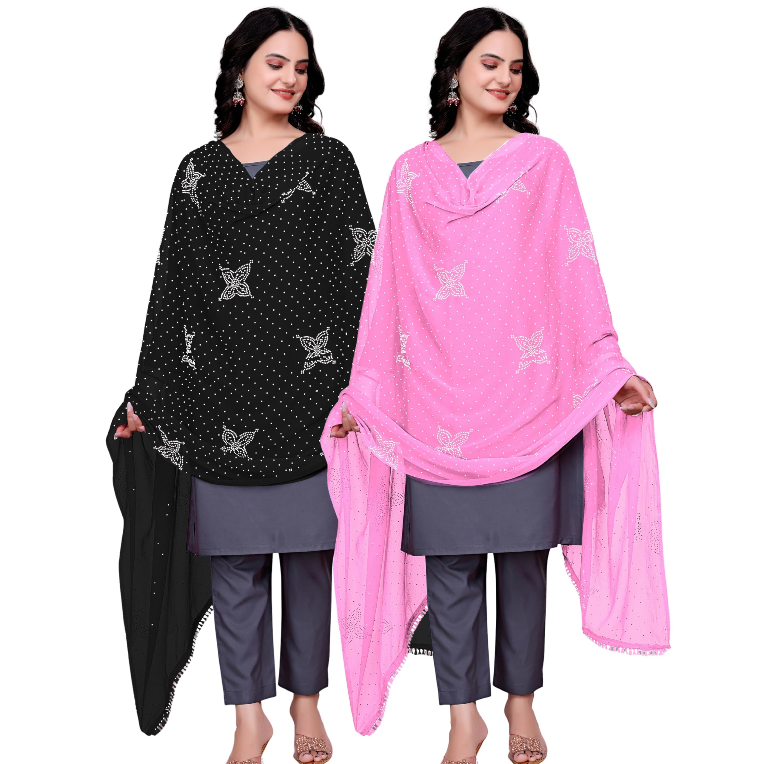 kemza Chiffon Floral Dupatta with Stone Work & Lace Border | Soft & Lightweight Combo 2-picture-20