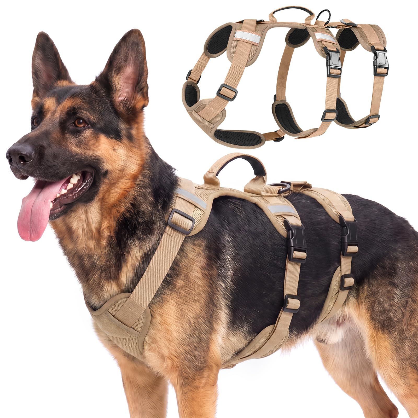 Olcyren Escape Proof Dog Harness, 3 point Reflective Adjustable Dog Harness with Padded Handle, Breathable Comfortable Pet Vest Harness for Medium Large Dogs Outdoor Training Walking (Khaki, L)