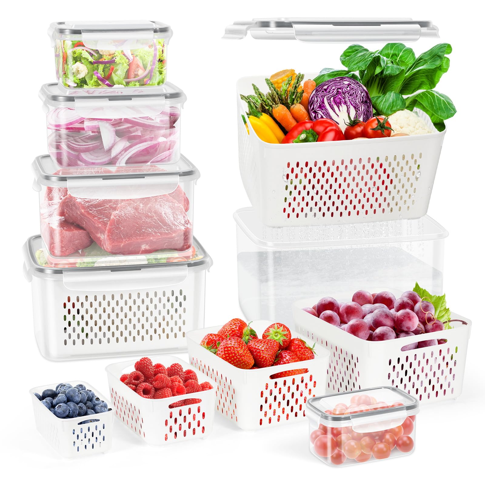 Photo 1 of 12 Pieces Fruit Storage Containers For Fridge, 6 Pack BPA-Free Fresh Food Containers with Removable Colanders and Airtight Lids, Fresh for Fruit Berry Produce Vegetable, Dishwasher & Microwave Safe