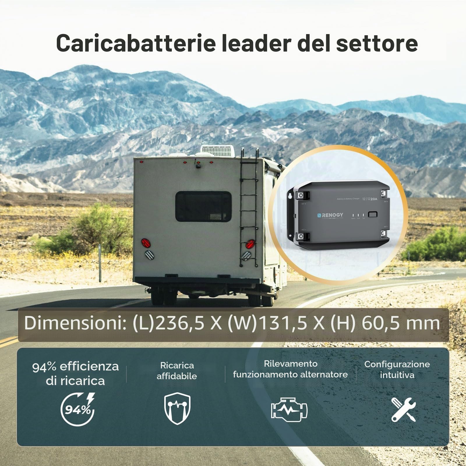 Renogy Caricabatterie DCDC da 20 A, 12 V, AGM, flooded, gel e batteria al litio, protezione contro il surriscaldamento