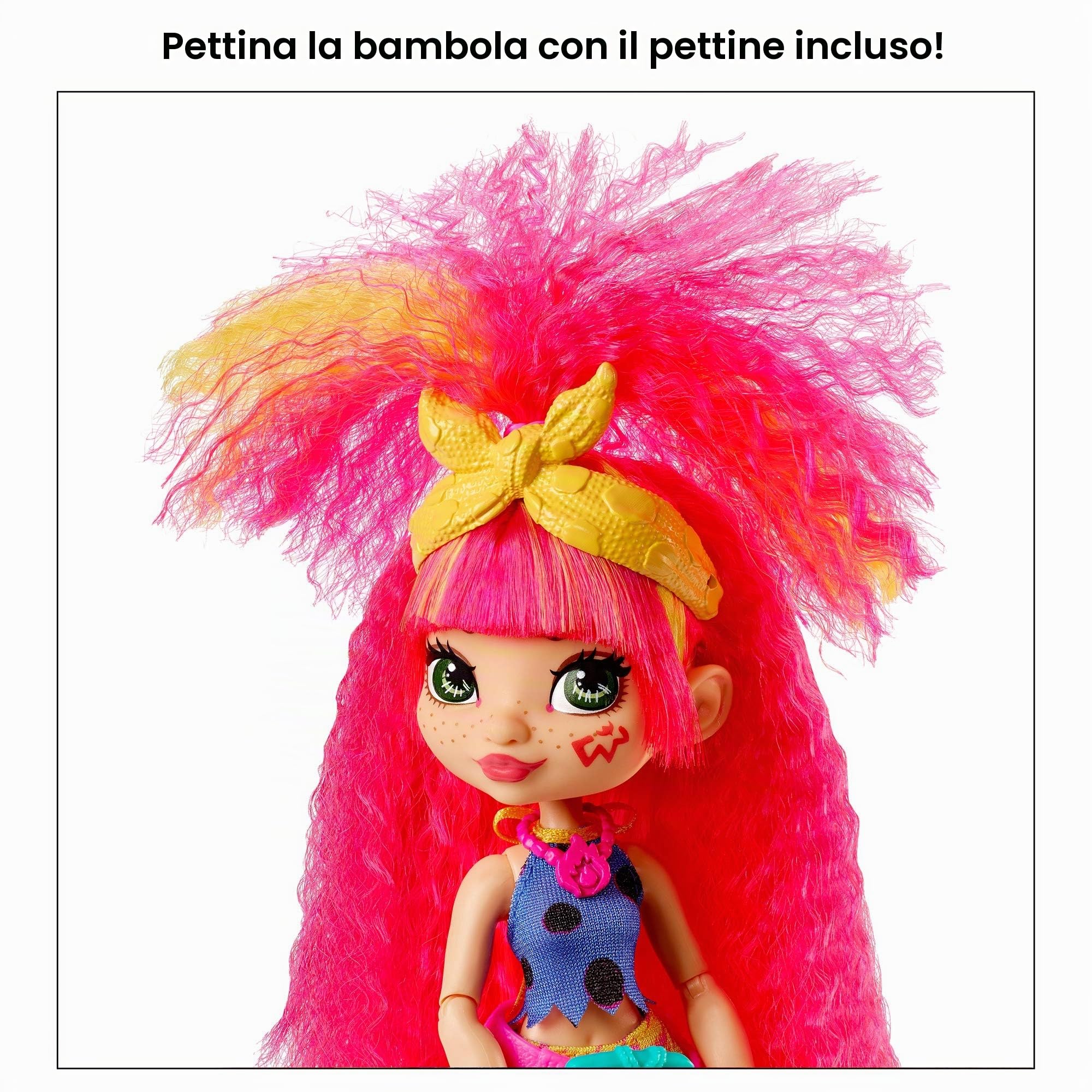 Cave Club Bambola Preistorica Emberly da 25.4 cm, Capelli Rosa, con Dinosauro e Accessori, Giocattolo per Bambini 4+Anni, GNL83