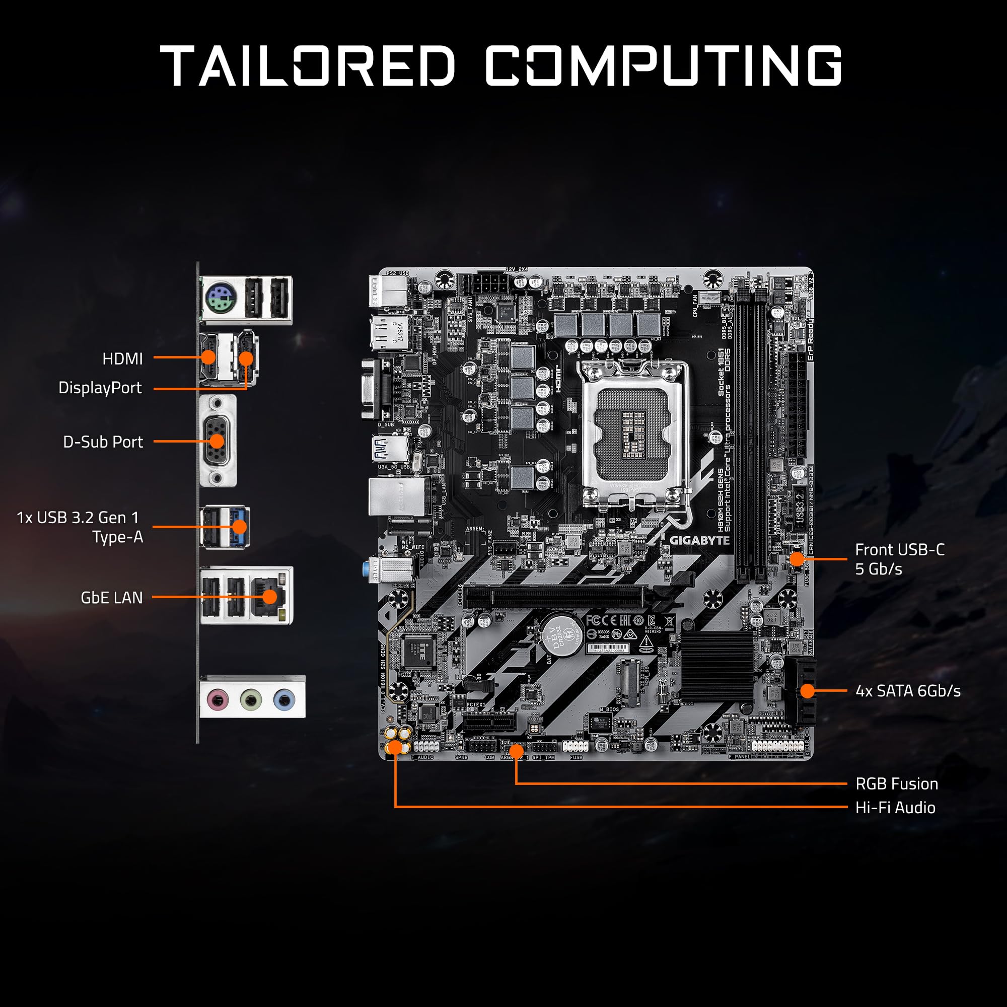 GIGABYTE Scheda madre H810M S2H GEN5 Intel LGA 1851 mATX, supporto Core Ultra (serie 2), DDR5, fase di potenza 4+1+2, PCIe 5.0 x16, 1 M.2, USB 3.2 Gen 1, USB-C 5Gb/s, GbE LAN, blocco PCIe EZ