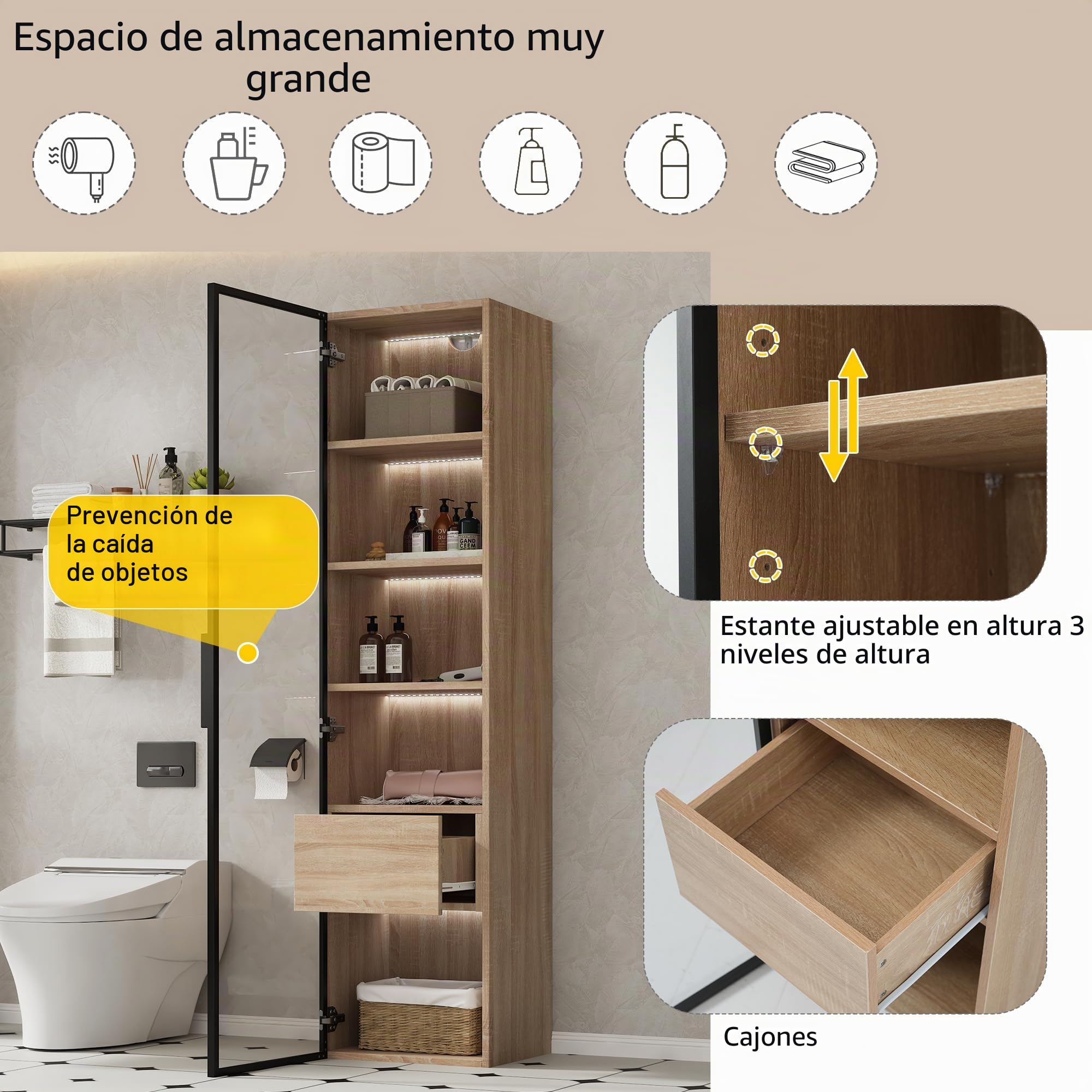 Mueble de baño mediano con barra de luz, 40 cm de ancho, con 1 cajón grande y 1 puerta de cristal