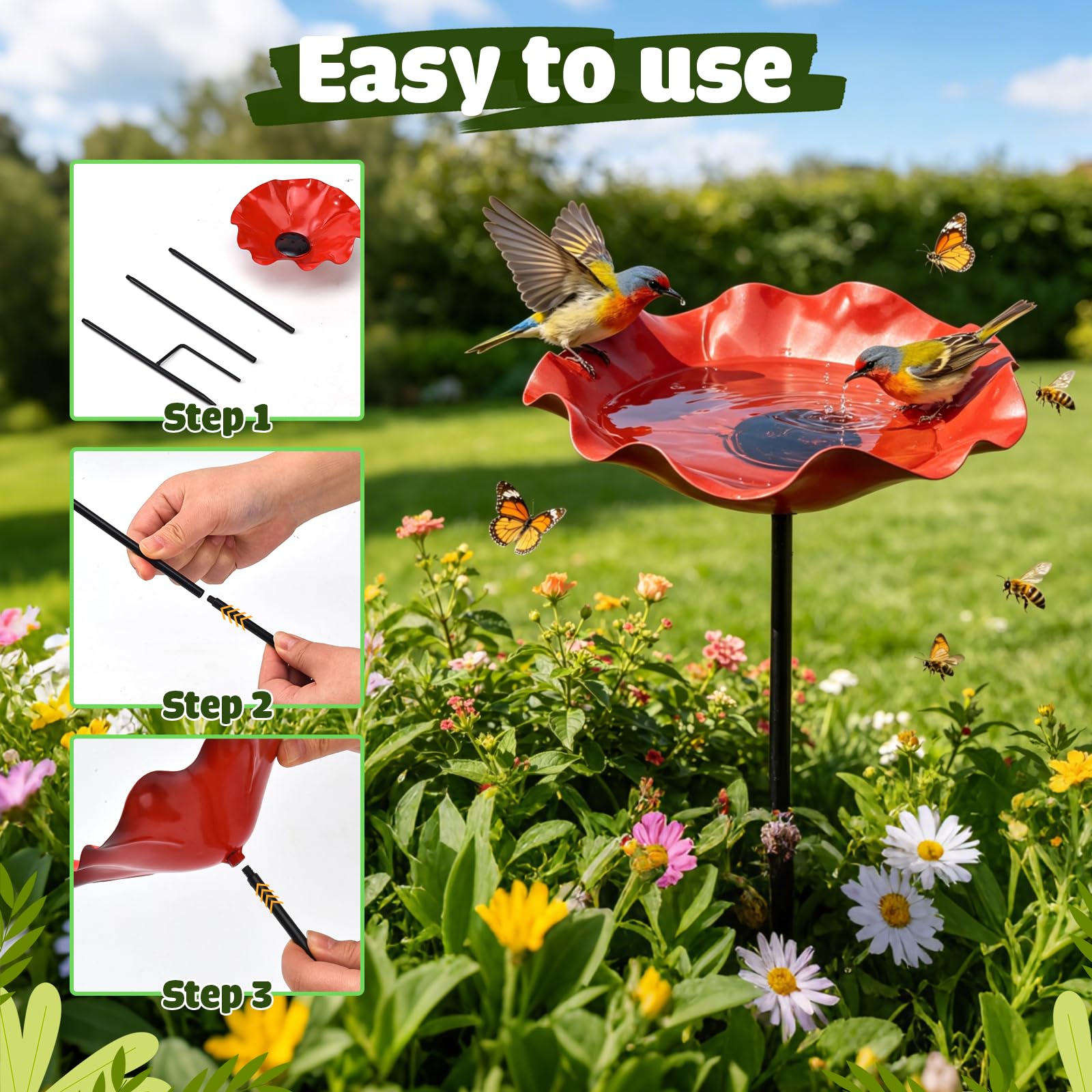 Bain d‘Oiseaux sur Tige en Métal, Abreuvoir à Oiseaux en Forme de Fleur – Fontaine pour Oiseaux Extérieur avec Point d’Eau pour Abeilles – Décor de Jardin Métal Fleur – Hauteur 65 cm