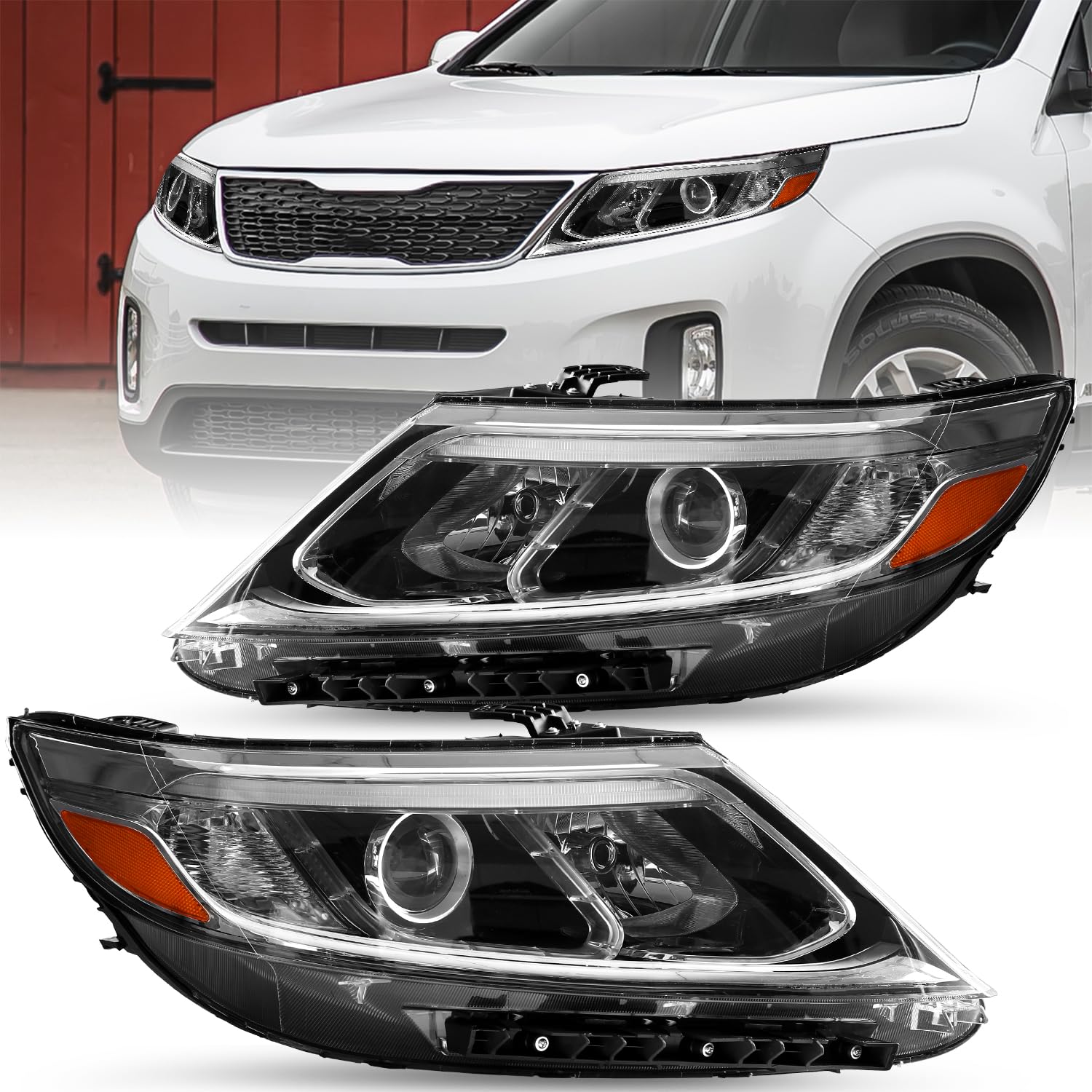 JSBOYAT Headlight Assembly Fit for 2014 2015 Kia Sorento LX LED DRL Projector Headlamp Replacement Passenger & Driver Side
