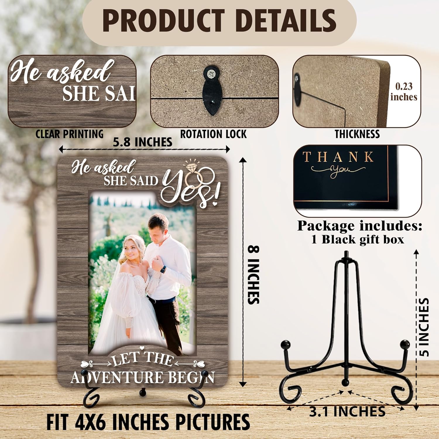 Engagement Gifts Picture Frame, He Asked She Said Yes Photo Frame, Wedding Engagement Gifts for Couples Newly Engaged, Desk Tabletop Decor for 4 x 6 Photo-A14 - Image 2
