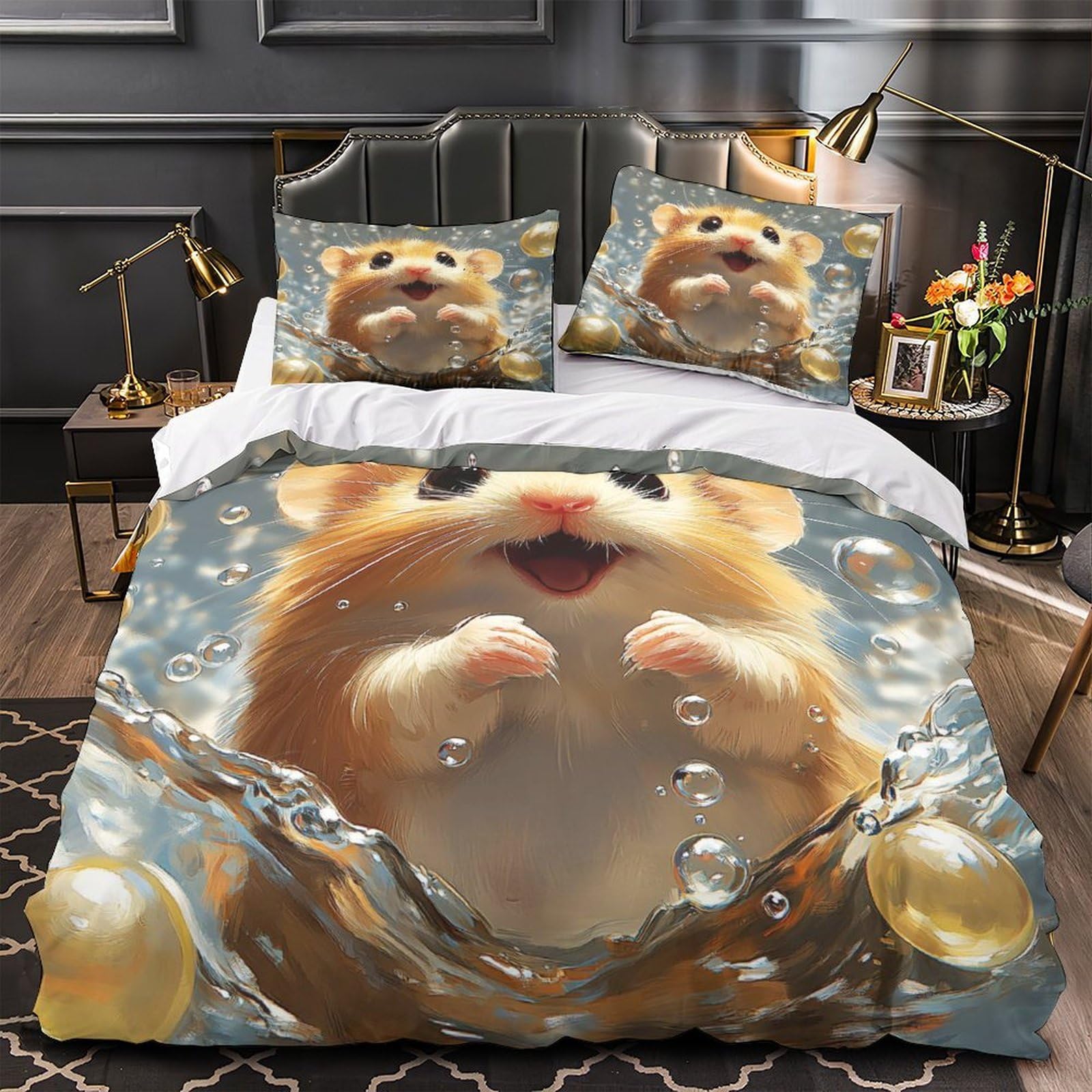 Housse de couette hamster mignon 140x200 microfibre avec 2 taies d'oreiller