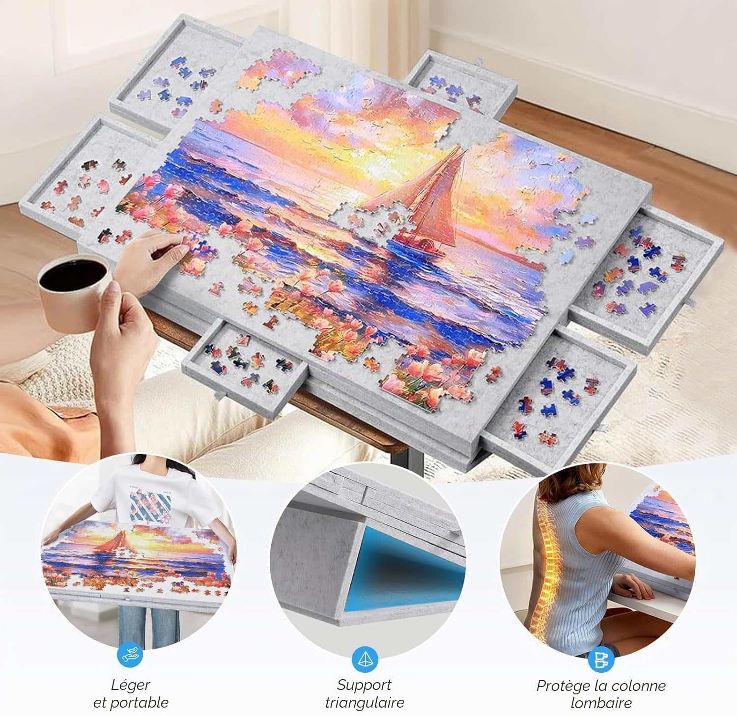 Table Puzzle 1000 Pièces avec Support et Housse 2 en 1 - Inclinable Plateau Puzzle en Feutre Super Léger avec 6 Tiroirs - Portable Puzzles Board Idéal pour Adultes et Enfants (Gris Clair)