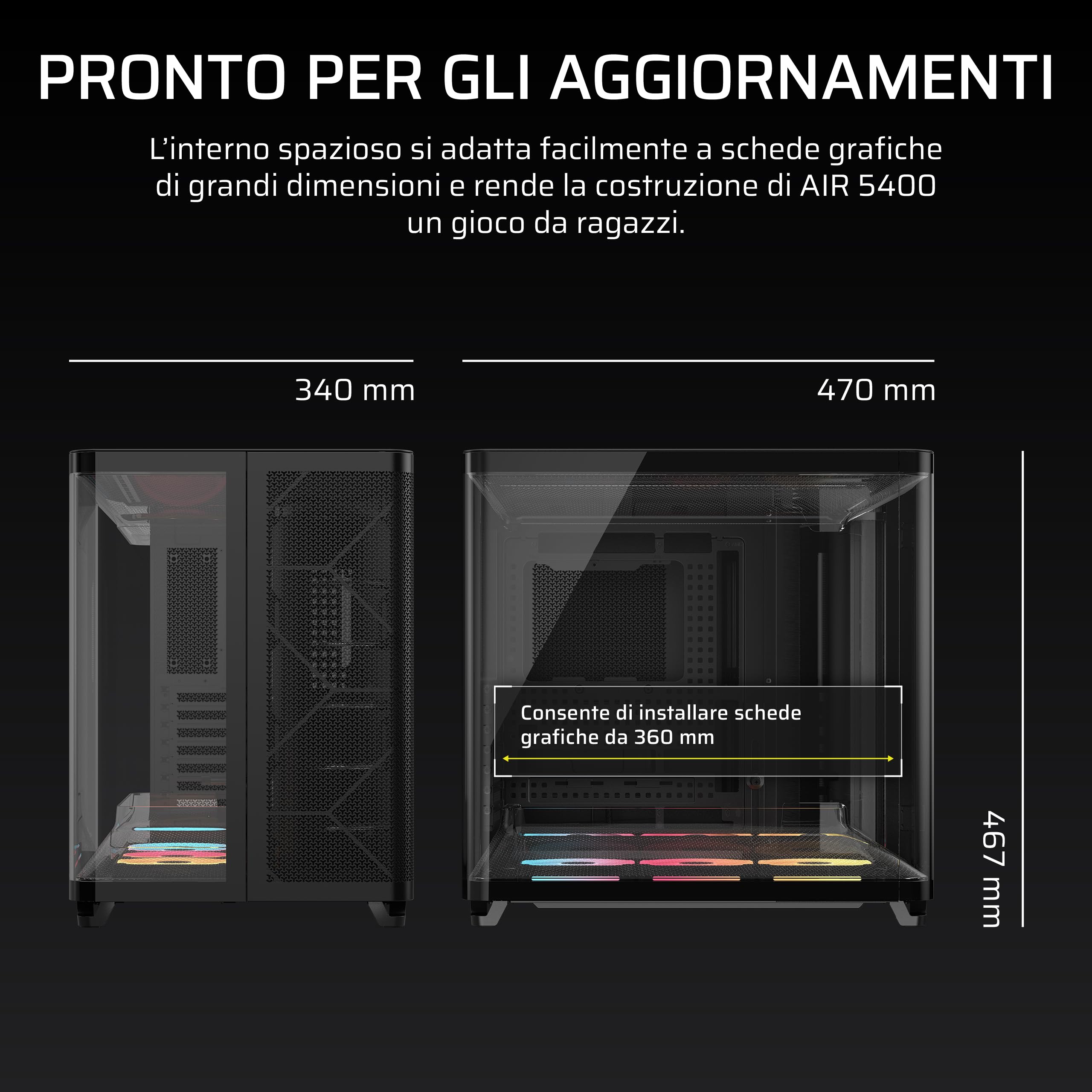 CORSAIR AIR 5400 LX-R RGB iCUE LINK Case PC Panoramico Mid-Tower – Nero | A Tripla Camera, 3 Ventole LX-R RGB Rotazione Inversa, Condotti Silenziosi ad Alto Flusso, Supporto Scheda Madre Inverso