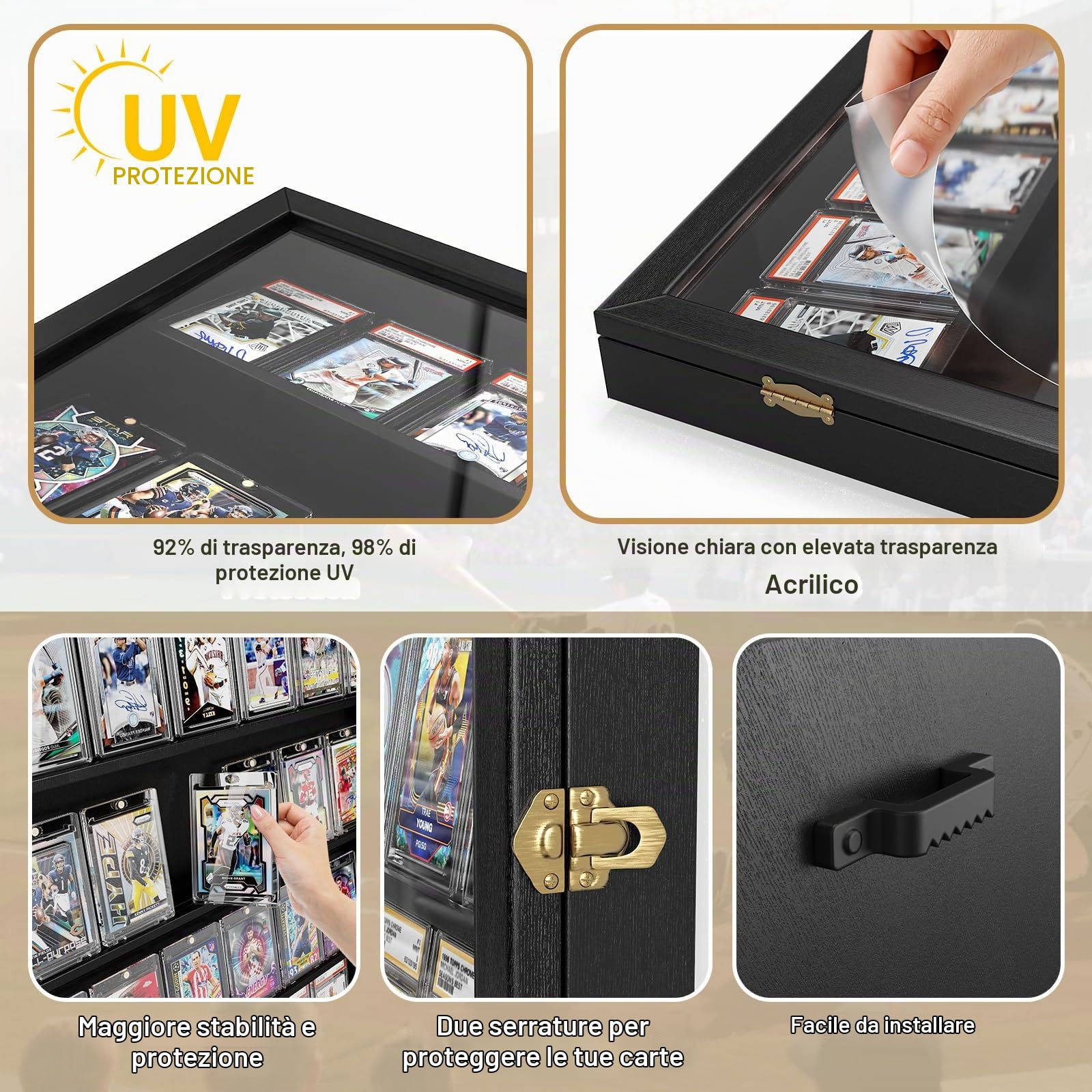 Espositore per carte, grande cornice da parete per carte collezionabili, 35 gradi, con protezione UV, vista trasparente con serratura per carte da calcio e pallacanestro, fumetti (nero)
