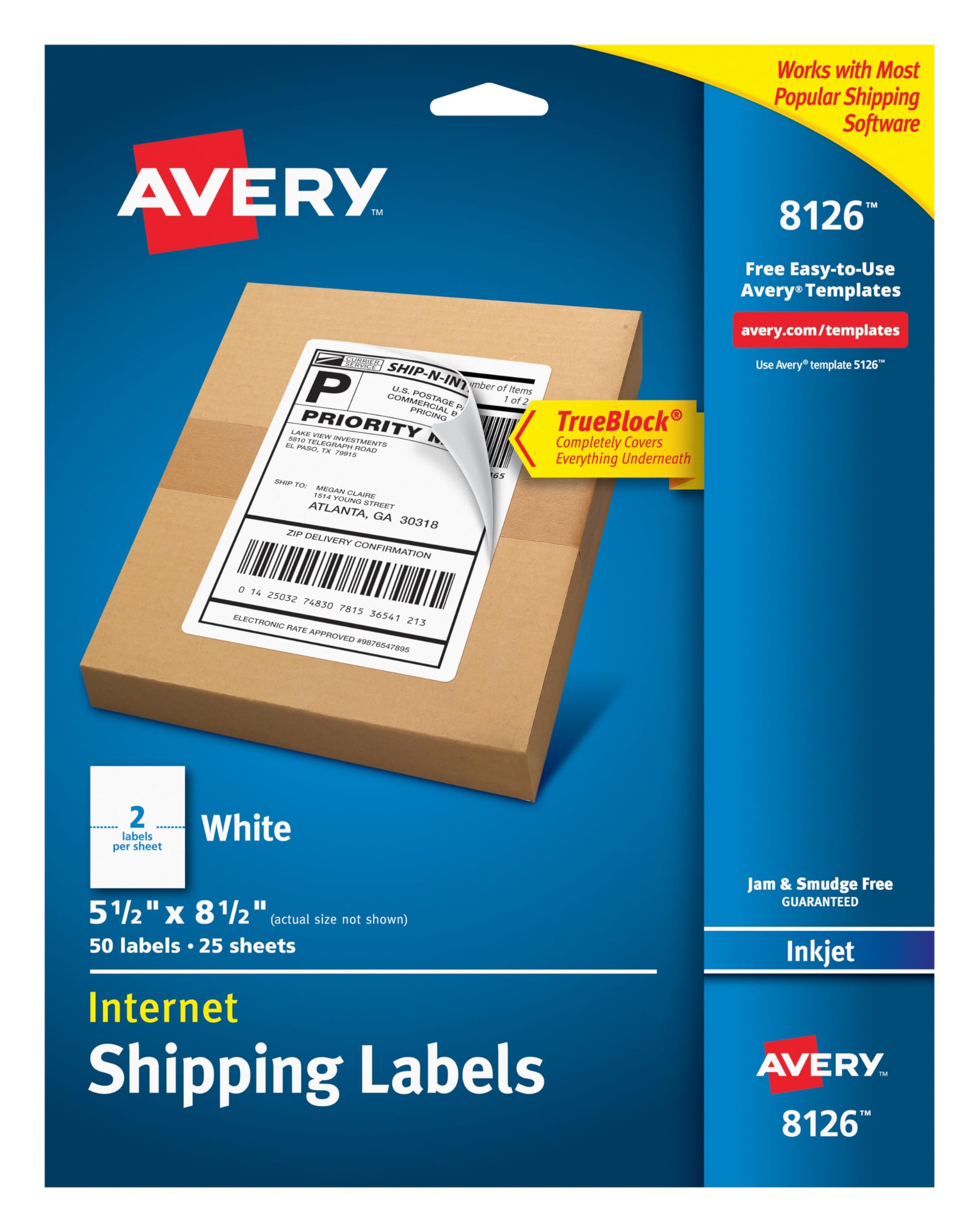 avery printable shipping labels, 5.5" x 8.5", white, 50 blank mailing labels (8126)