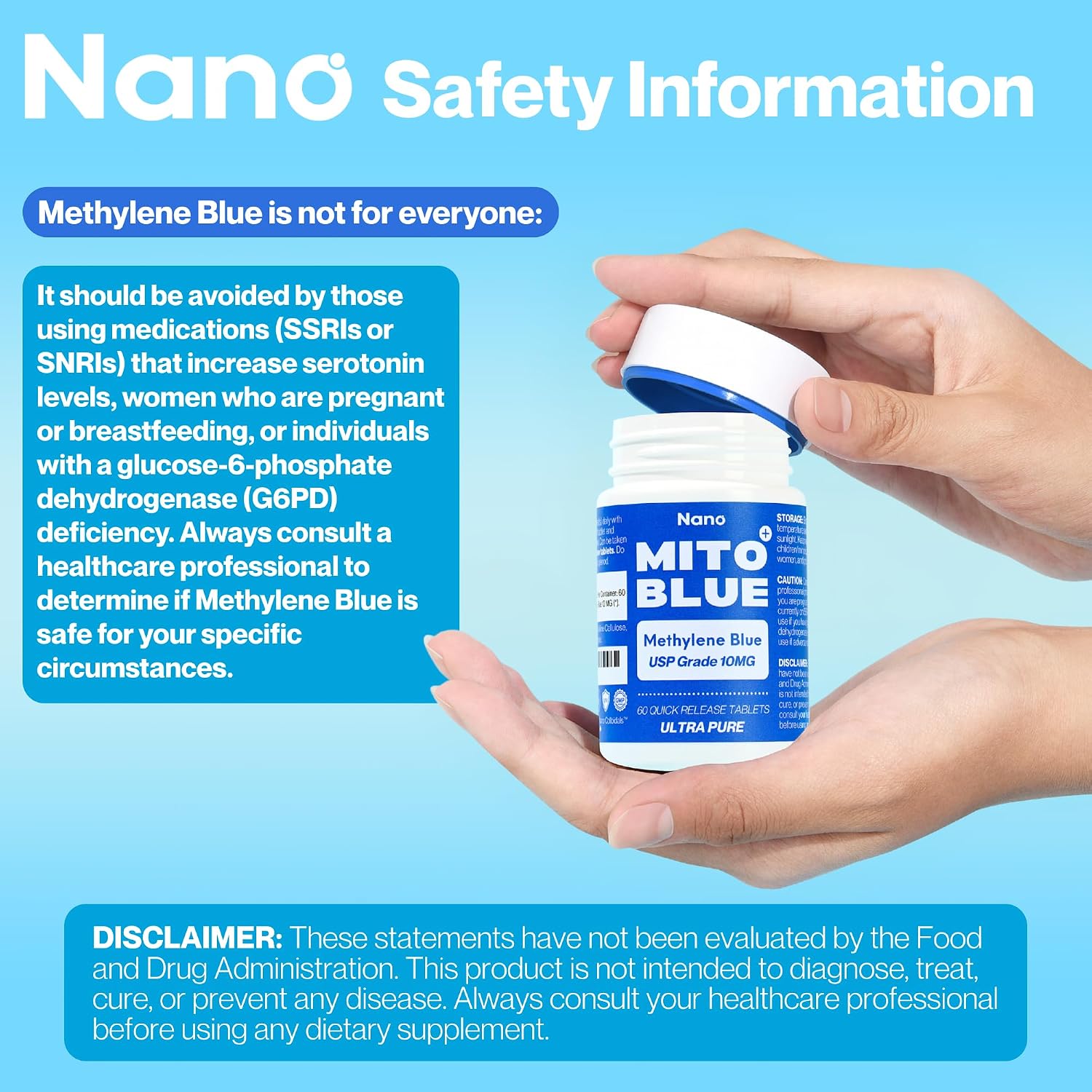 Methylene Blue Pharmaceutical Grade Capsules - USP Grade, 60 High Purity Tablets for Humans | Mitochondrial & Cognitive Support Supplement | 10mg Pills - Easy Dose Alternative to Drops - Lab Tested