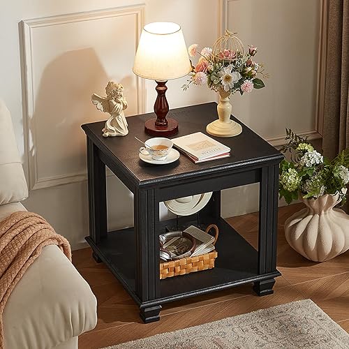 Miniatura 2 de Juego de 2 mesas auxiliares de granja con estante de almacenamiento de 2 niveles, mesas auxiliares de madera rústica para sala de estar, mesa de té