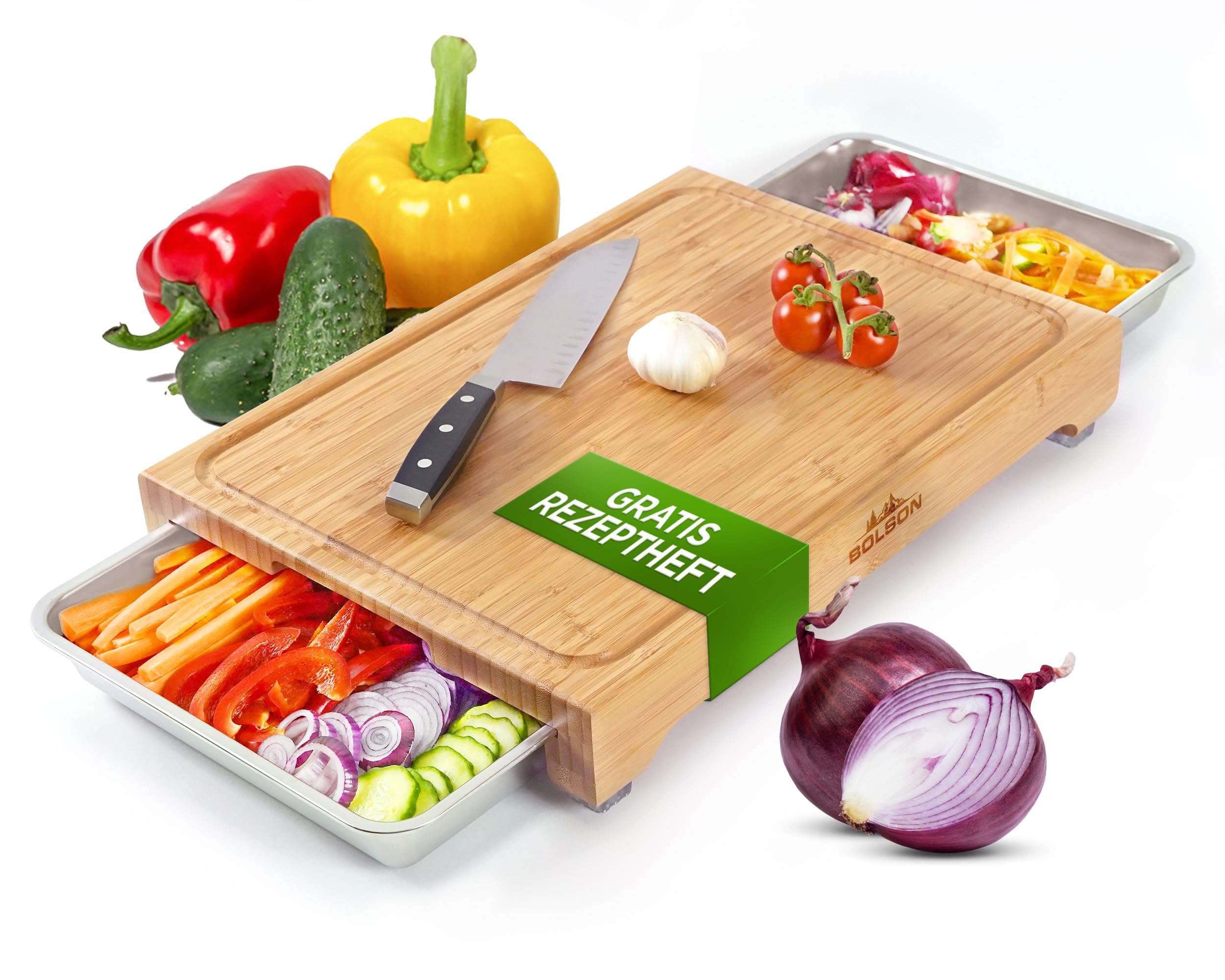 Bolson Bambus Schneidebrett mit 2 Auffangschalen - Bambus Holzbrett mit hochwertigen Edelstahl Auffangwannen - Praktischer Küchenhelfer mit 2 robusten Behältern - Plus 12 Gratis Rezepte & Tipps