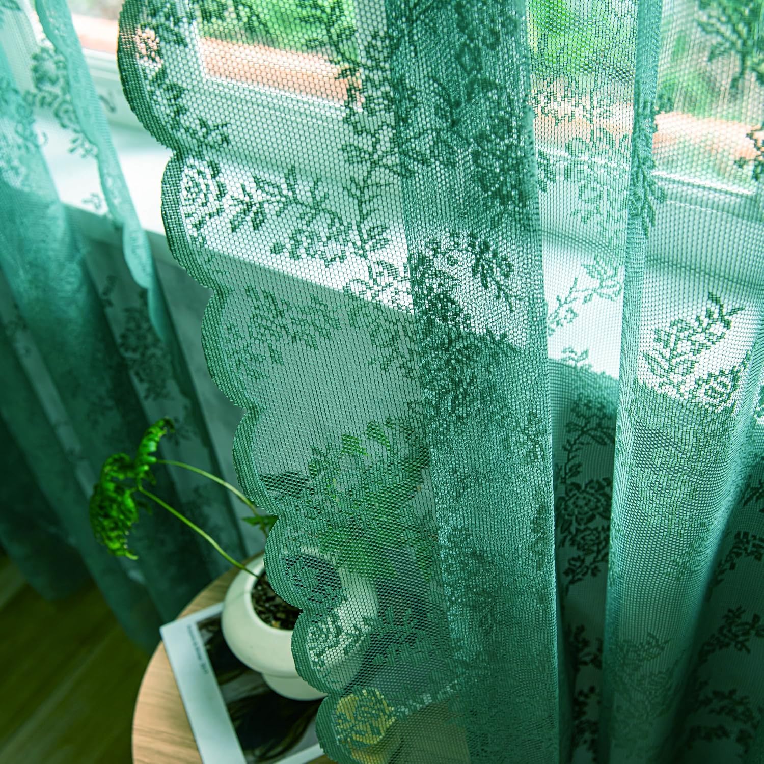 Deeprove Dark Emerald Green Lace Sheer Curtains 63 inches Length 2 Panels Set, Florals Embroidery Vintage Window Treatment Pair Decor Drapes for