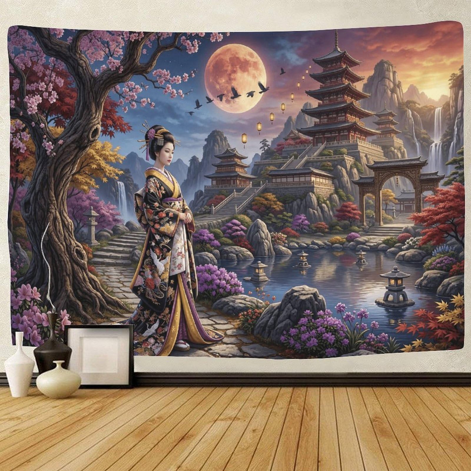 GPMNBCXZK Japanese Geisha 3D Printed Wall Hanging Traditional Pagoda Bedroom Wall Art Living Room Decor 100cmx150cm