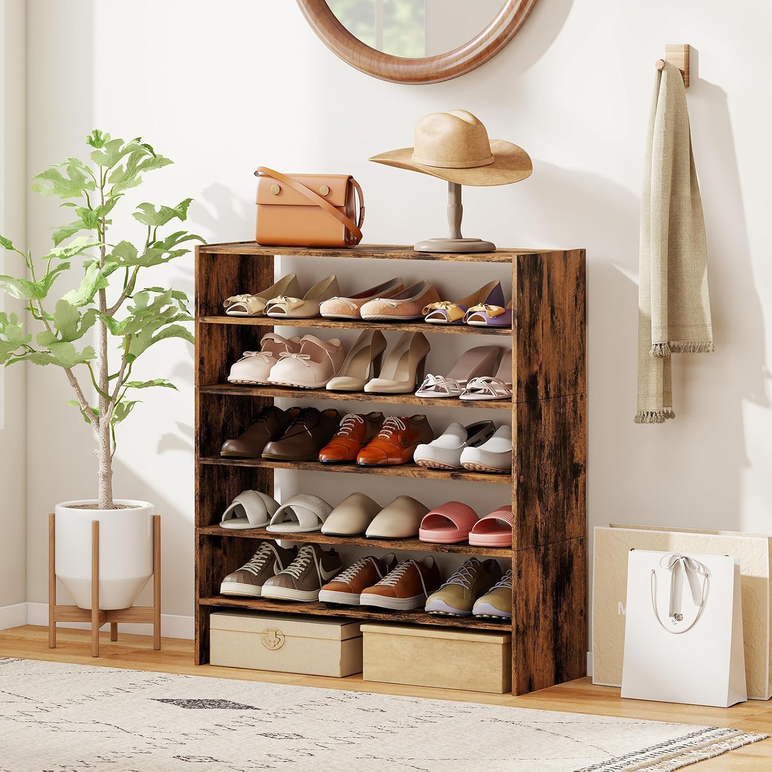 COSTWAY 6-Tier Shoe Rack, Extra Wide Shoe Shelf Organizer with Stackable Design, 31" Freestanding Adjustable Storage Shoe Stand for Small Space Entryway Hallway Closet (2,Rustic Brown)