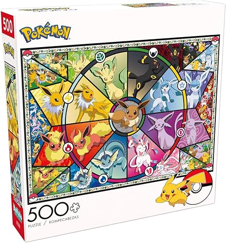 Buffalo Games - Pokemon- Eevee Evolutions Series 1 - 500 Piece Jigsaw Puzzle For Adults -Challenging Puzzle Perfect for Game Nights - Finished Size is 21.25 x 15.00 - Eevee's Stained Glass