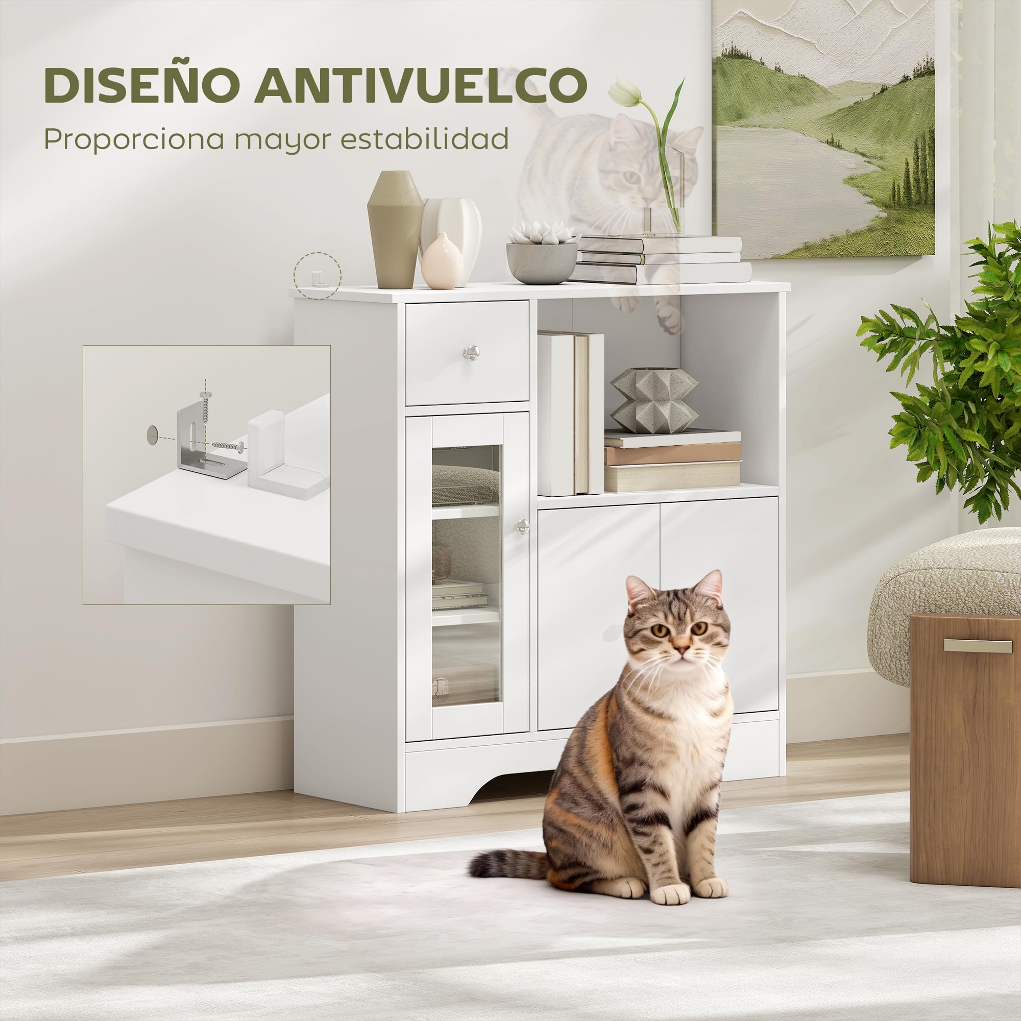 HOMCOM Aparador Blanco Aparador de Cocina Moderno con Puerta de Vidrio Cajón Estante Abierto y Baldas Ajustables Mueble Auxiliar de Almacenaje para Comedor Salón 80x30x82 cm Blanco | Puerta de Vidrio, Cajón, Estante Abierto, Baldas Ajustables, Mueble Auxi