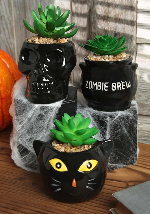Transpac Halloween Succulent Planter Set - Cauldron, Cat & Skeleton Standard