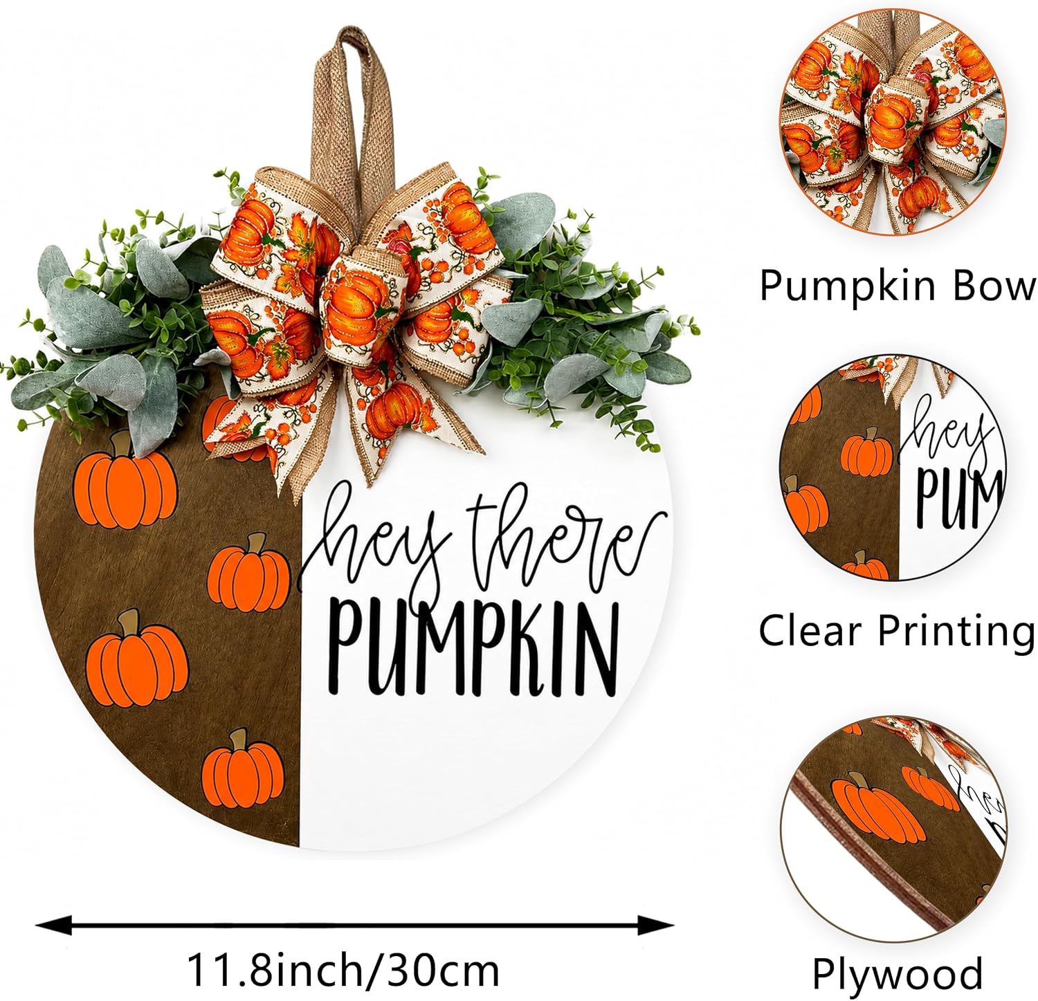 Fall Door Decor, Hey There Pumpkin Sign for Front Door, Round Hanger with Bow and Greenery, Farmhouse Fall Porch Decor for Autumn and Thanksgiving