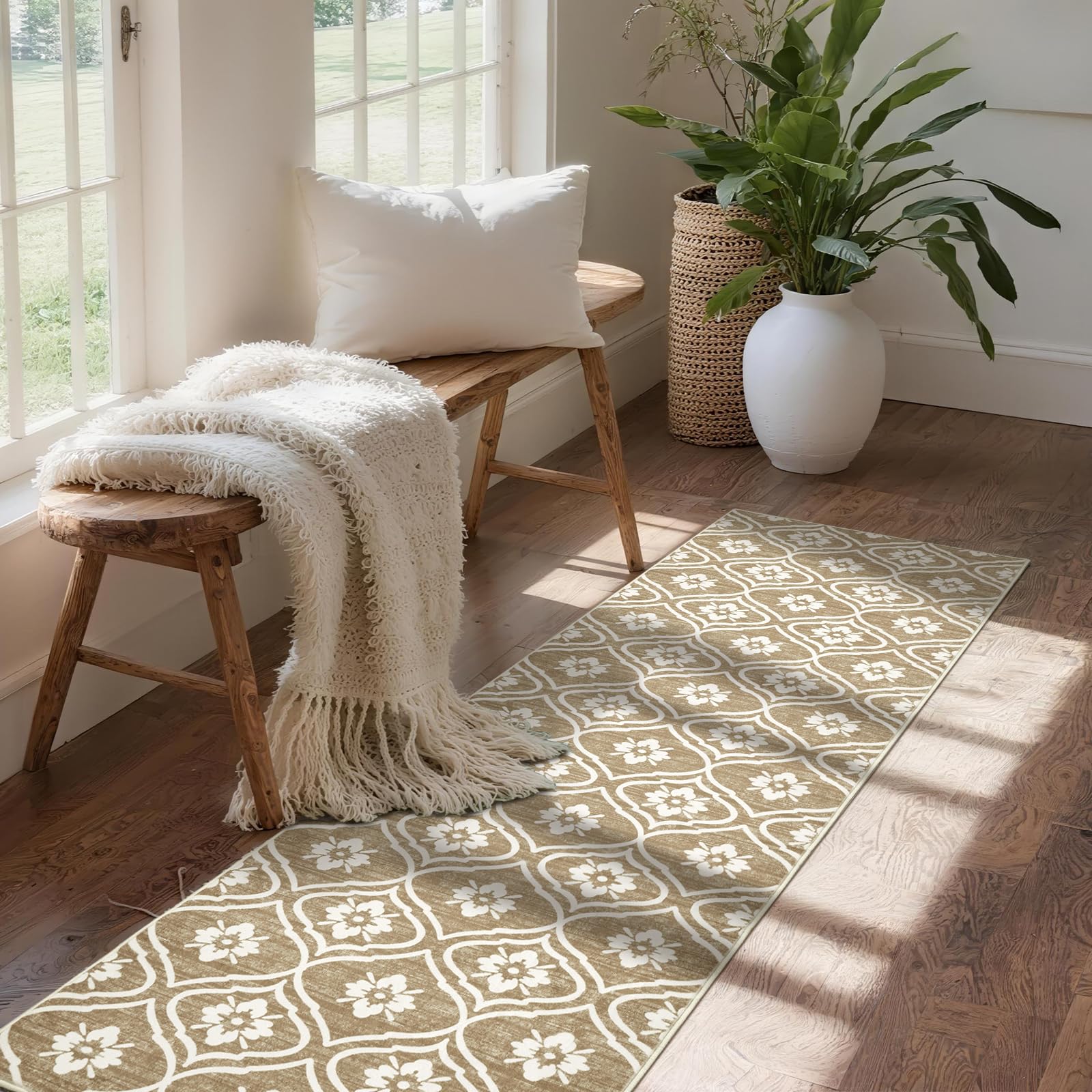 Puremy Teppich 80X150cm, Waschbarer Läufer, Vintage-Marokkanisches Muster Bettvorleger Schlafzimmer, rutschfest, Für Flur, KüChe, Landhausstil, Waschküche, Badezimmer, Eingang, Beige