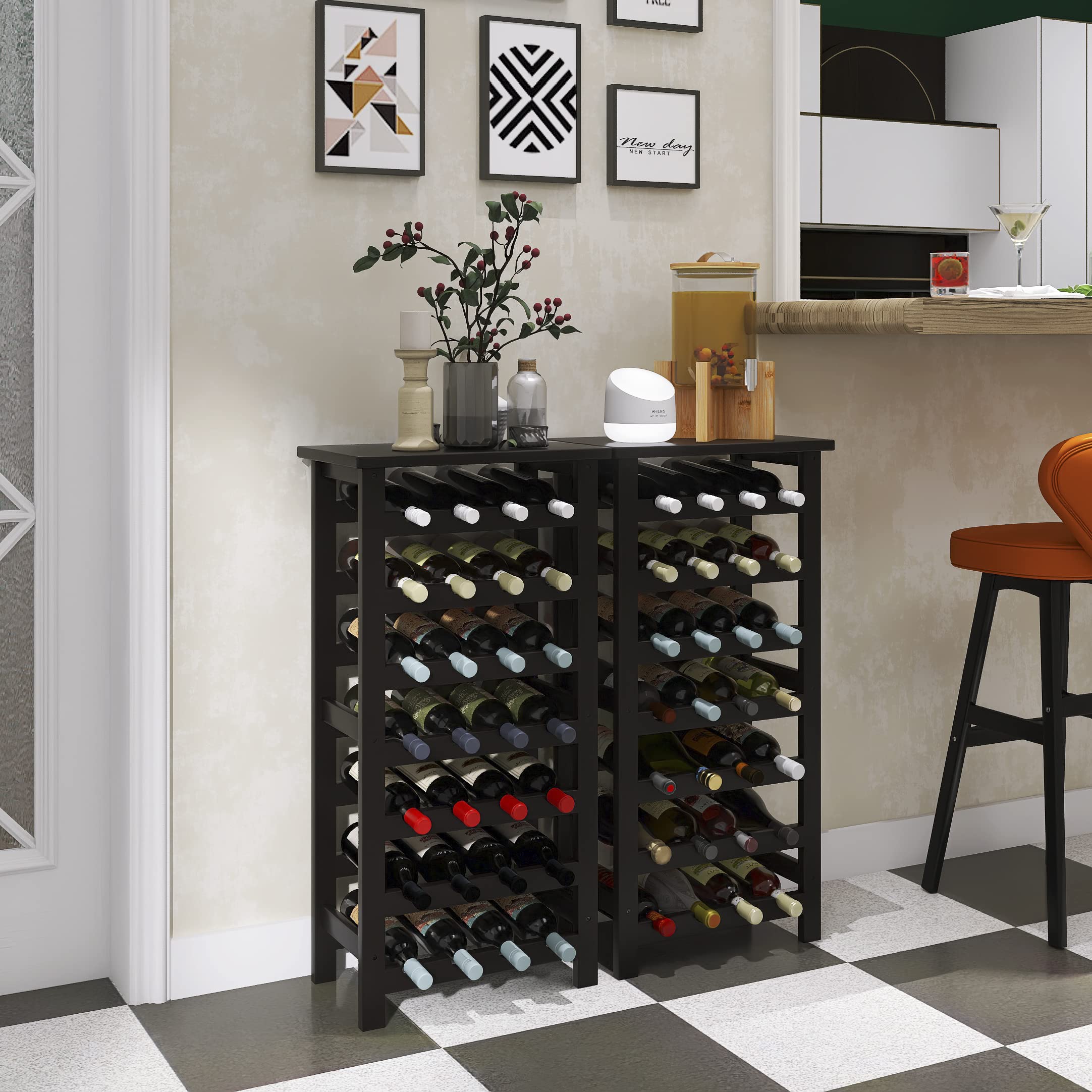 SMIBUY Botellero de bambú, Soporte para 28 Botellas con Parte Superior de Mesa, estantes de Almacenamiento Independientes de 7 Niveles para Cocina, despensa, Bodega, Bar (Negro)