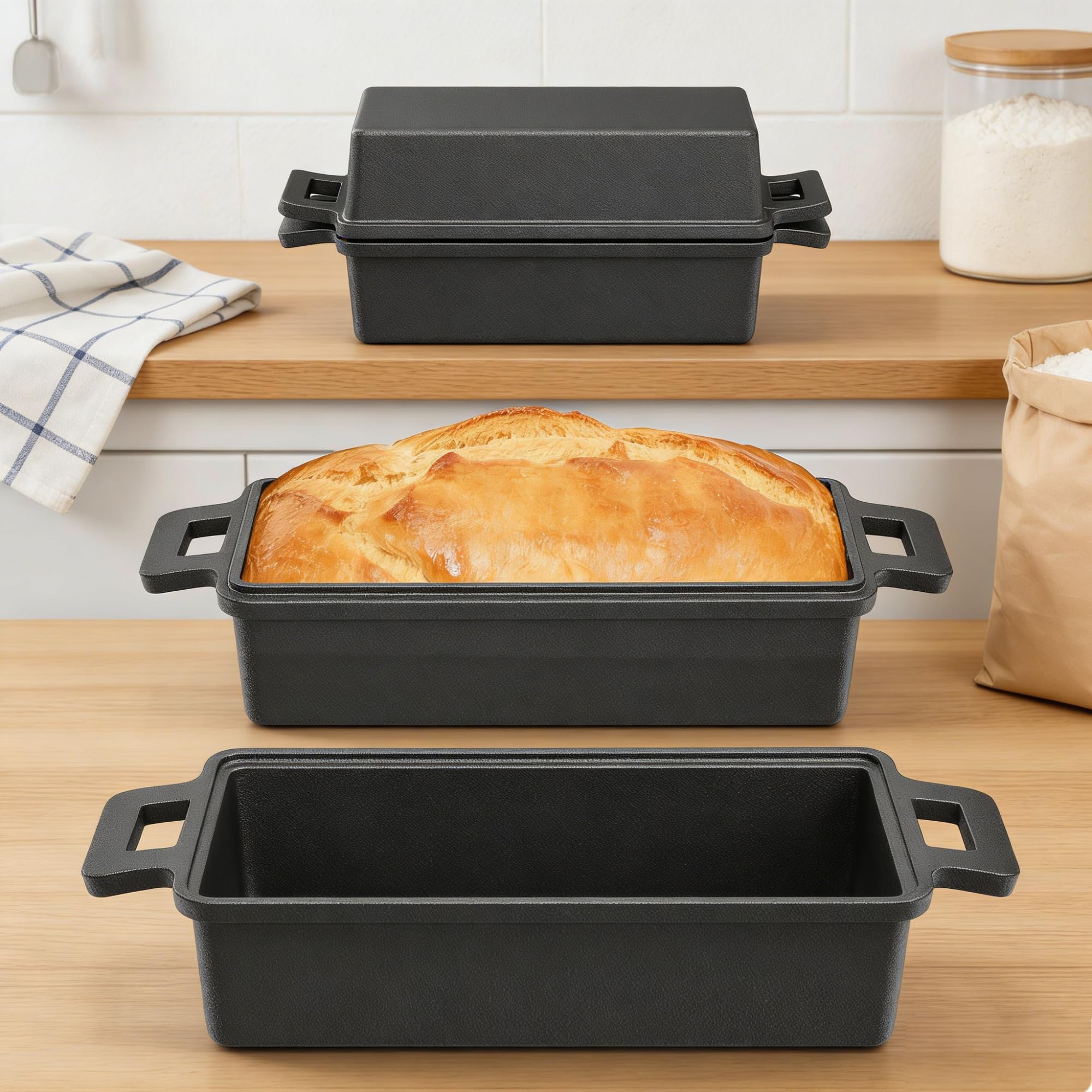 Molde para pan con tapa, olla de hierro fundido, ideal como molde para pan, accesorios de pan, pan y pastel, acero antiadherente bicapa sin PFAS -32 x 13 cm