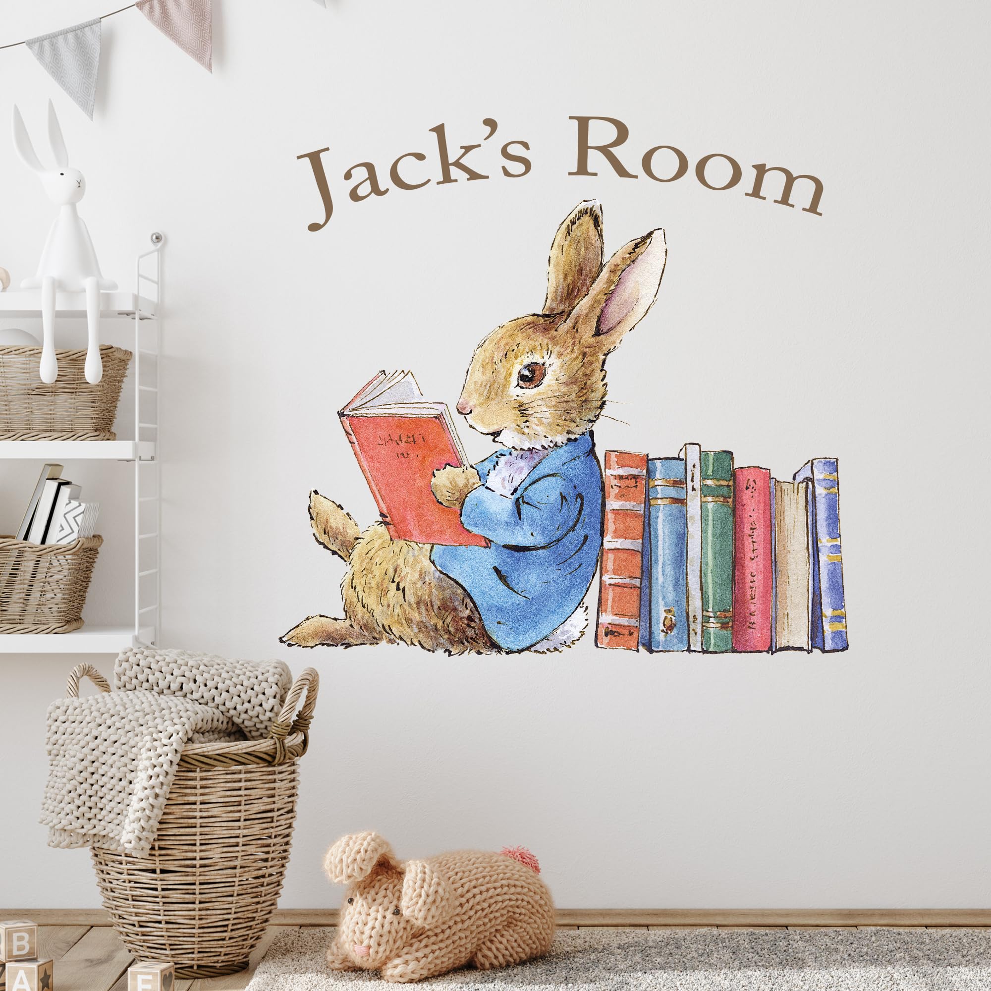 Peter Rabbit Wall Sticker - Peter Rabbit Leaning on Books Personalised Decal Wall Art (90cm Width x 85cm Height)