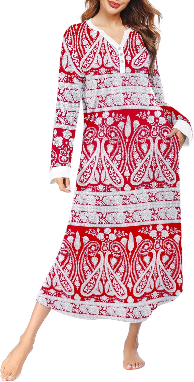 Ekouaer Womens Nightgown Long Loungewear V Neck Nightshirt Sleepwear Full Length Sleepshirt with Pockets
