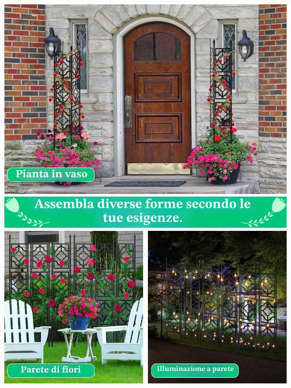 TOROKOM Traliccio da giardino per piante rampicanti da 1,5 m, Set di 3 tralicci paravento, supporto per cetrioli, piante in vaso, frutta e verdura per interno ed esterno
