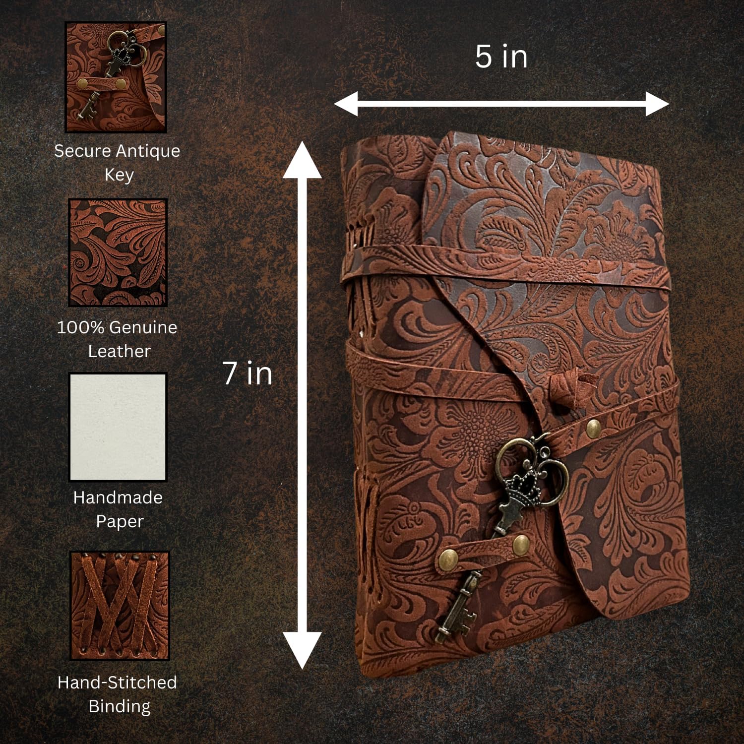 Handmade Leather Journal With Key Genuine Leather Bound Writing Painting Drawing Notebook Recycled Paper Floral Embossed Travel Diary Paintbook Sketchbook 150 Unlined Pages 7x5in Brown