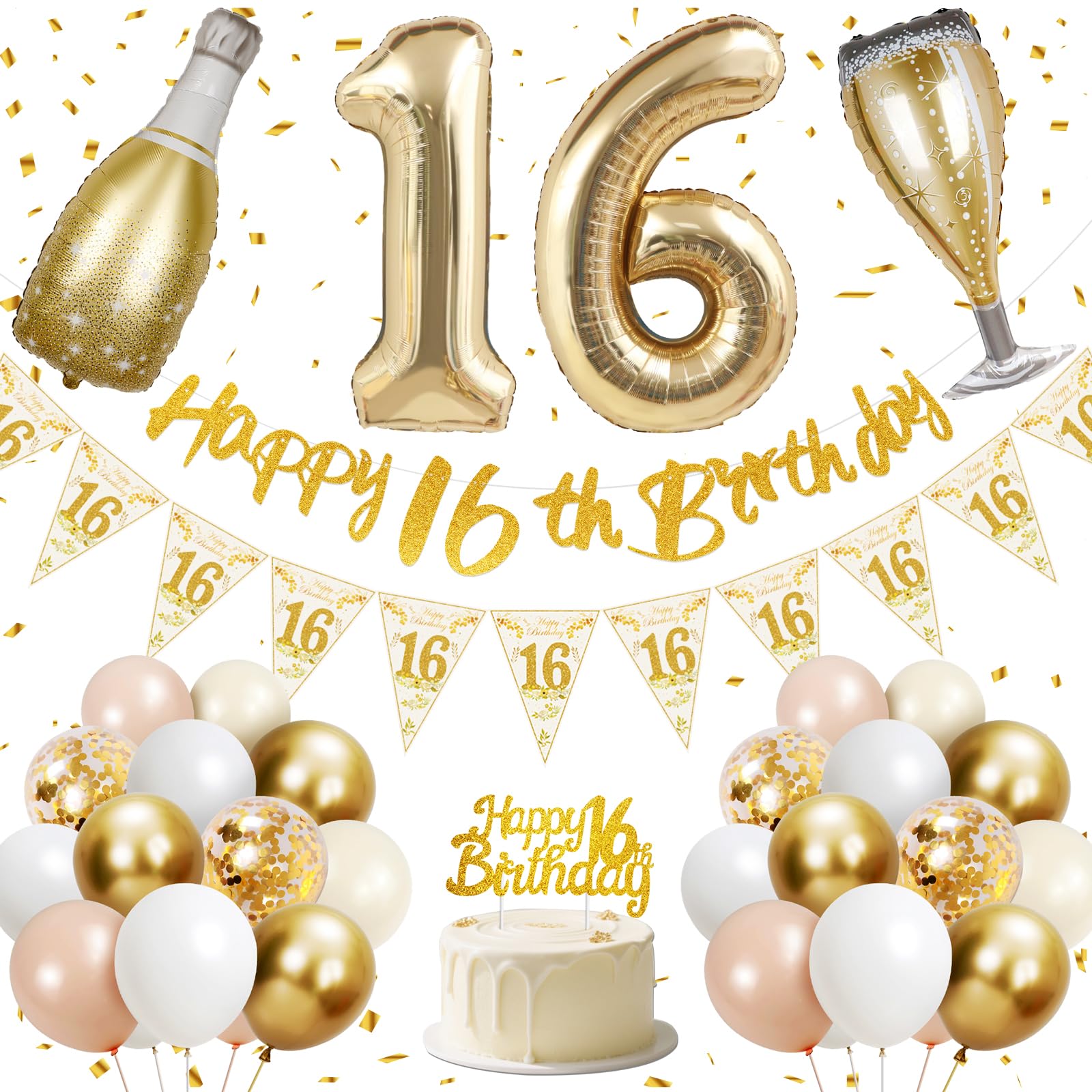 16th Birthday Decorations for Girl, Happy 16th Birthday Banner, 40 inches 16 Foil Balloons, Champagne Golden Bottle and Glass, Gold, Pink, White and Confetti Balloons, 16th Party Decorations for Girls