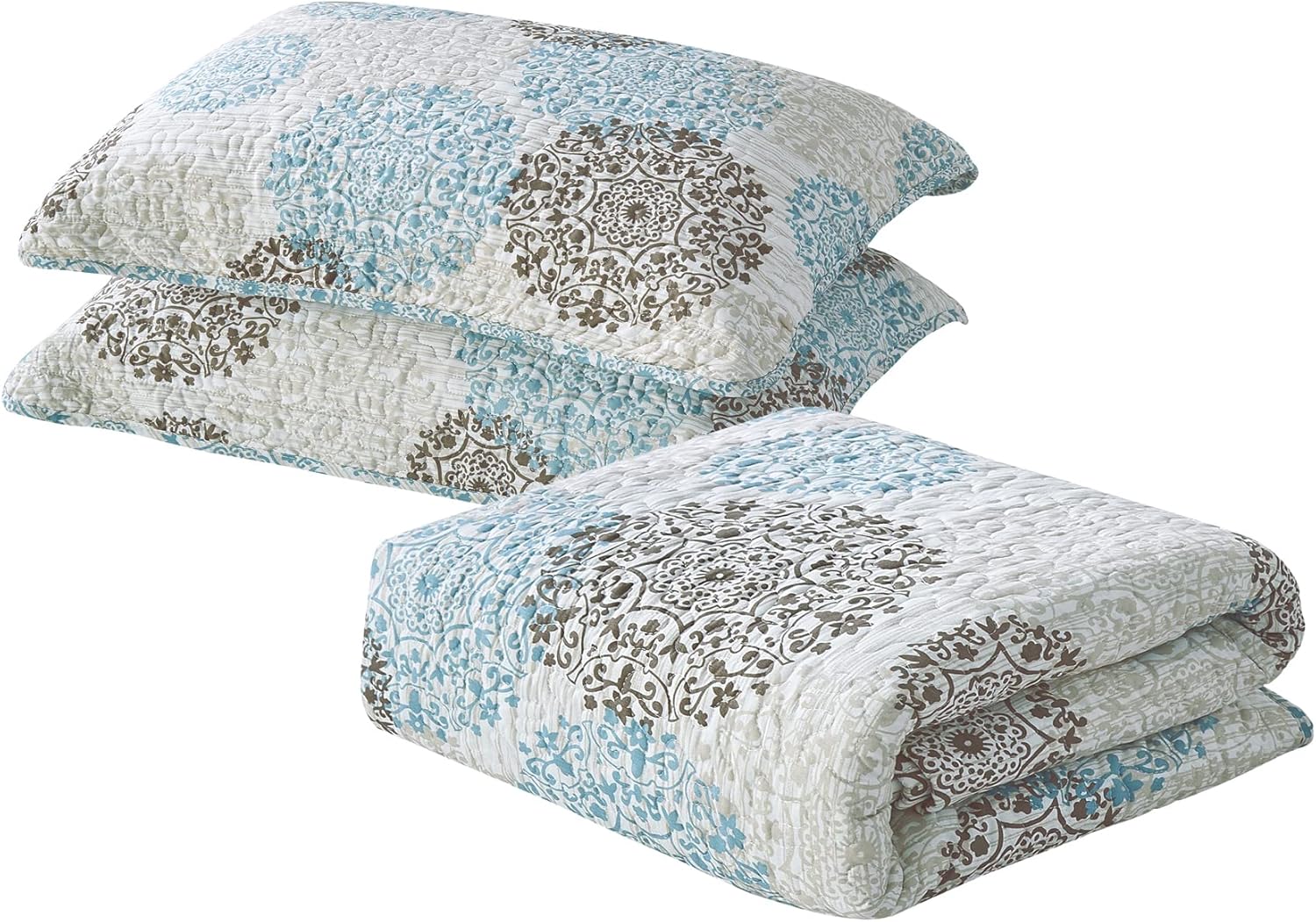 HESTIN 6 Piece Sun Stamp King Size 122" x 106" Reversible Bedspread Quilted Coverlet with Floral Design, Khaki Tan (Curtains Not Included)